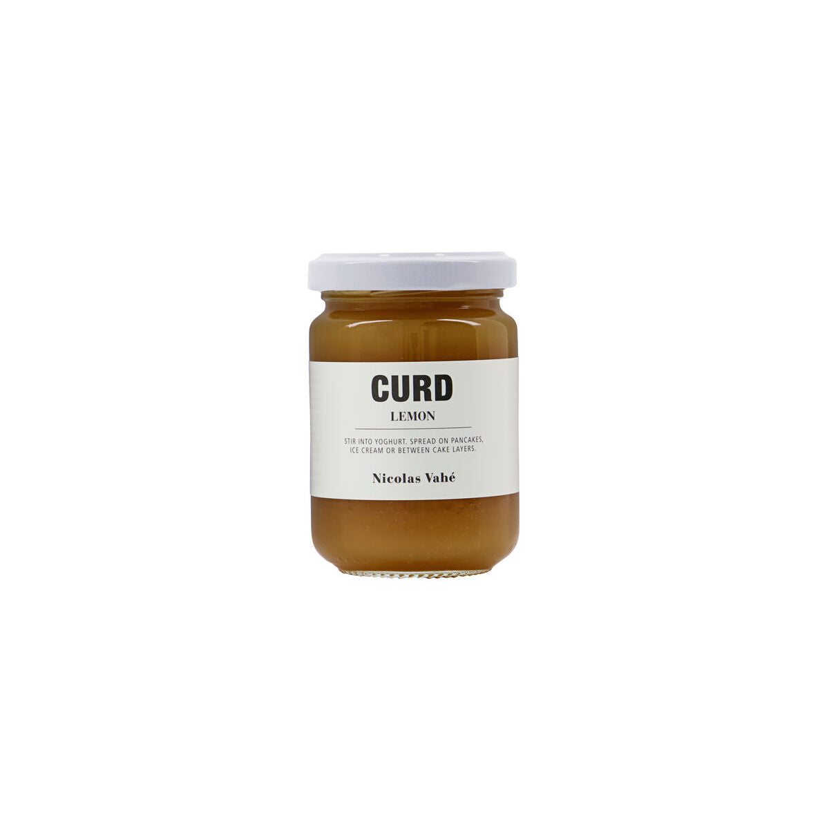 A glass jar of Nicolas Vahé Curd, Lemon with a white lid, featuring a clean white label with the product name and description in black text. Known for its rich, tangy flavour, this delicious lemon curd is a wonderful addition to your pantry.