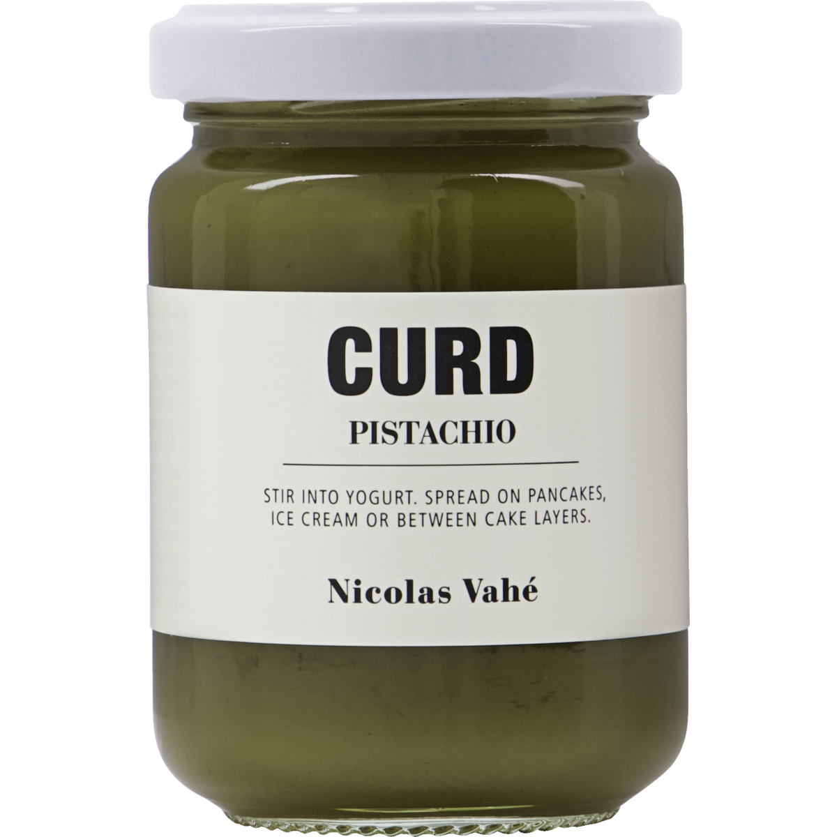 A jar of Nicolas Vahé Curd, Pistachio with a white label reading CURD PISTACHIO. Try it stirred into yogurt or spread on pancakes.