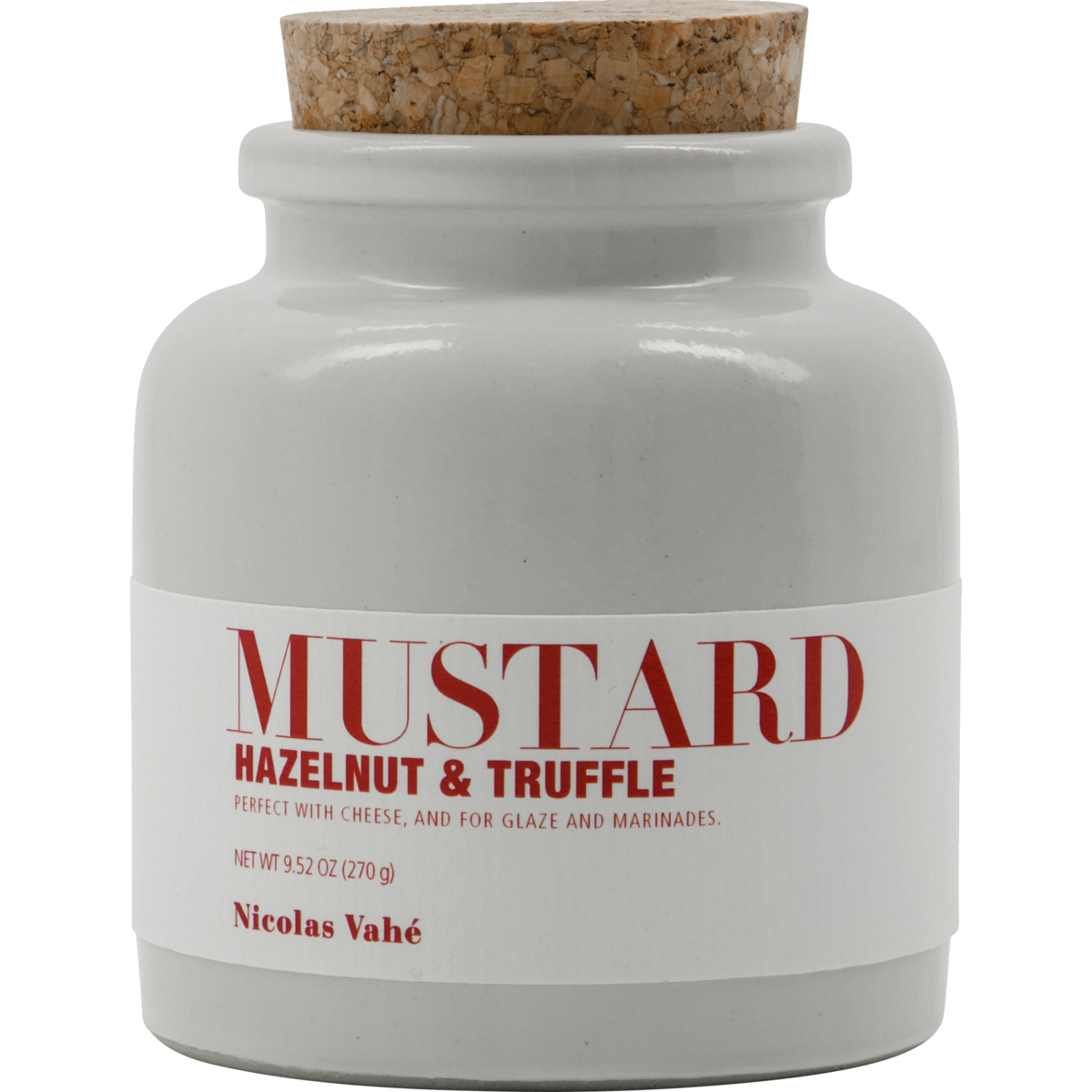 Nicolas Vahé’s Mustard, Hazelnut & Truffle comes in a white ceramic jar with a cork lid, 9.5 oz (270 g)—a gourmet condiment ideal for festive meals.