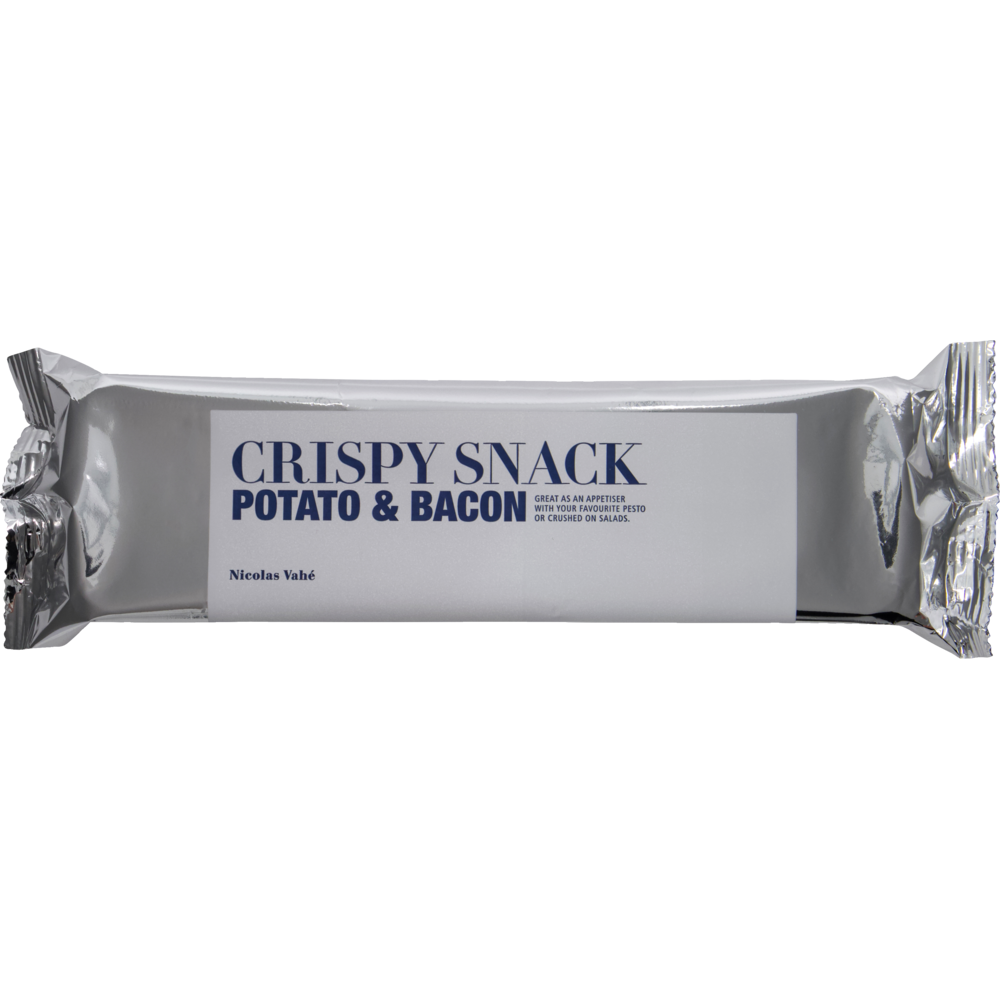 A silver, rectangular package labeled “Crispy Snack, Potato & Bacon” features blue and black text on a white label, highlighting its bacon-flavored potato snack appeal, with the Nicolas Vahé brand name printed at the bottom left.
