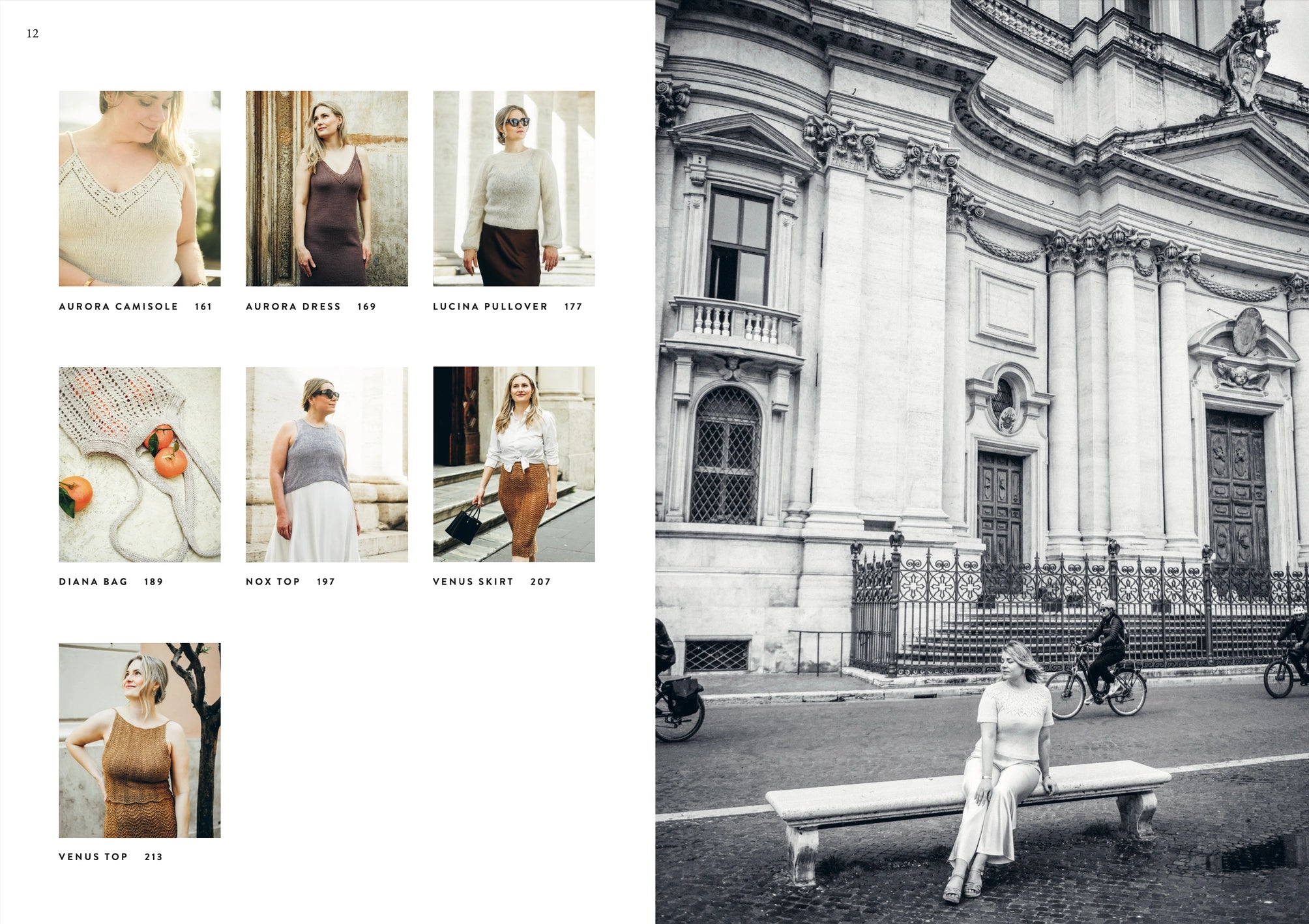 A woman in a knit dress by Sari Nordlund sits on a bench before a historic building, as people pass by. On the left are images and labels of summer patterns from "Summer Knits Book" by Cozy Publishing.