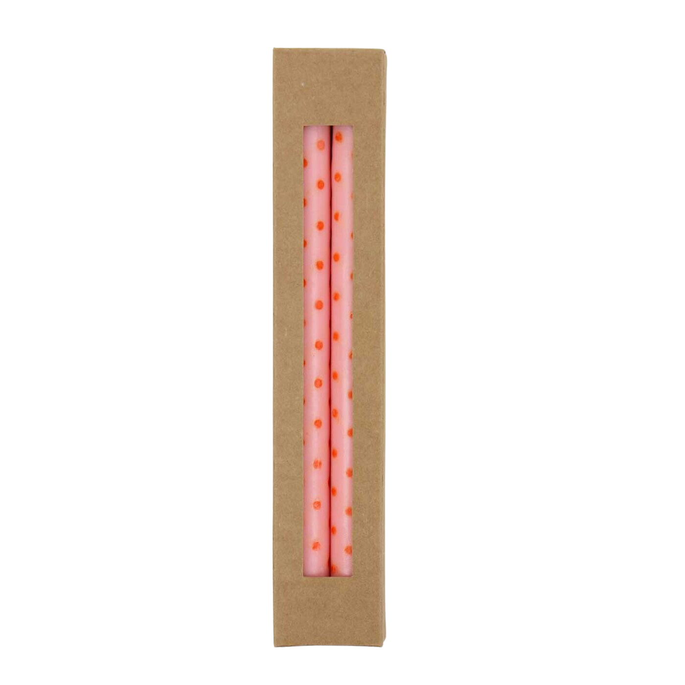 The A World of Craft Candles Minidot Pink & Orange Handmade 2 Pack is visible through a rectangular window in a brown cardboard box.