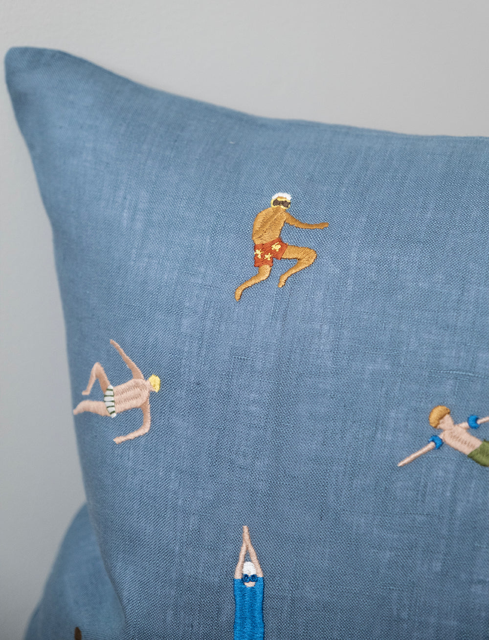 Swimmers Embroidered Cushion COVER in Blue Linen