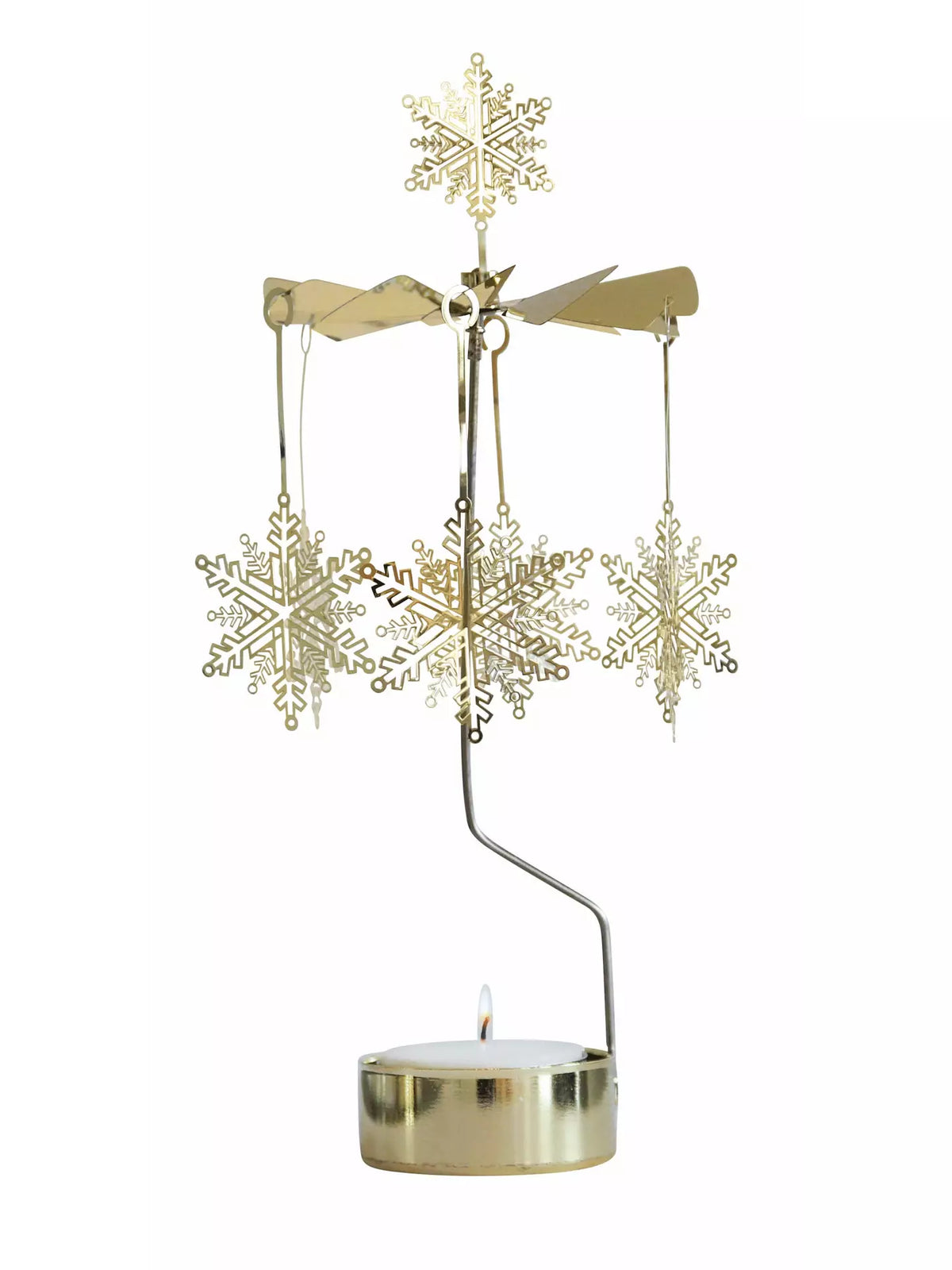 The Tealight Spinner, Big Snowstar in Gold by Pluto Design Sweden features hanging snowflake ornaments and a delicate snow star that gracefully spins above a lit tealight candle, creating a festive winter decoration perfect for adding a charming Christmas atmosphere.