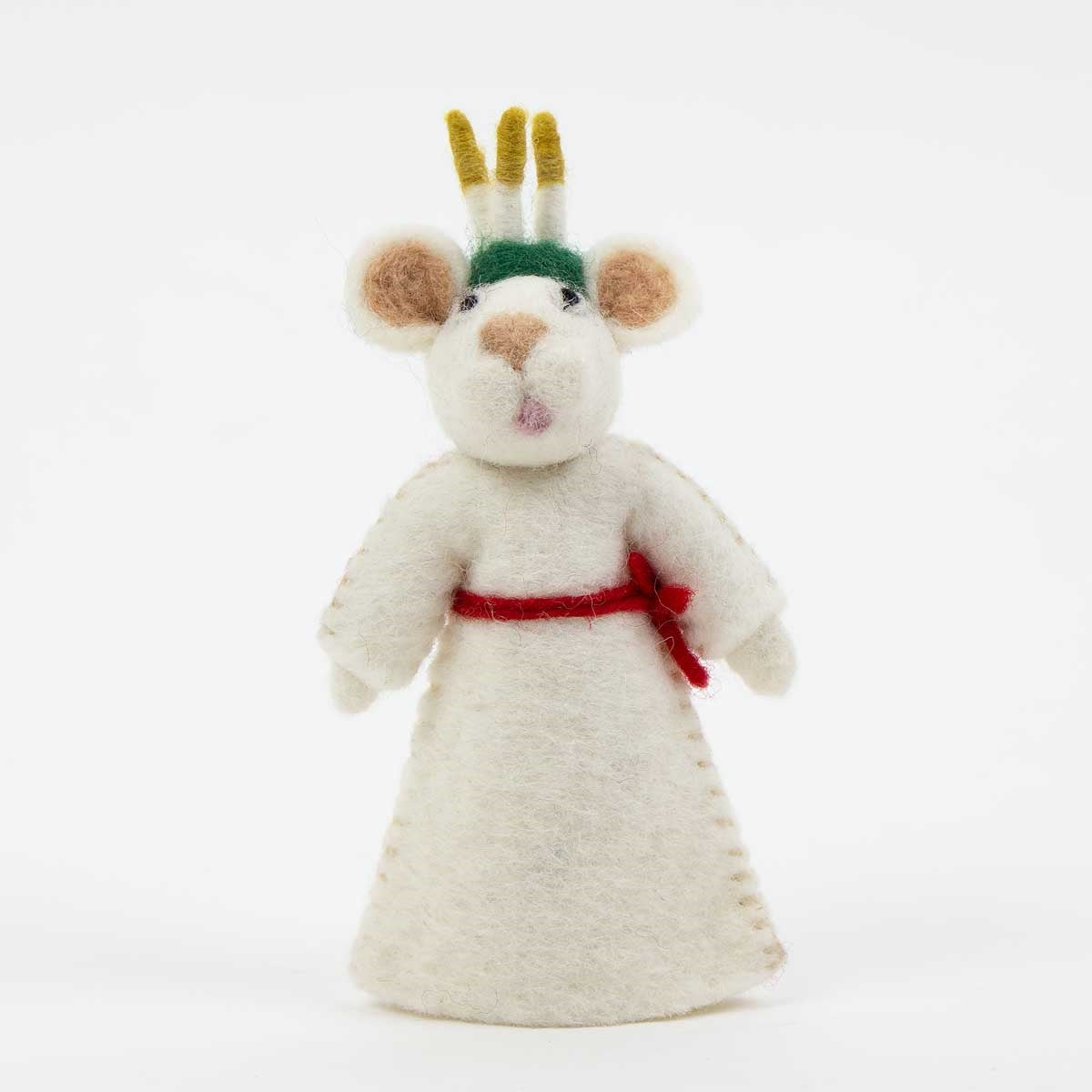 A Lucia Christmas Ornament, Handmade in Wool, featuring a felted mouse dressed as St. Lucia in a white gown with a red belt and a headpiece with four candles.