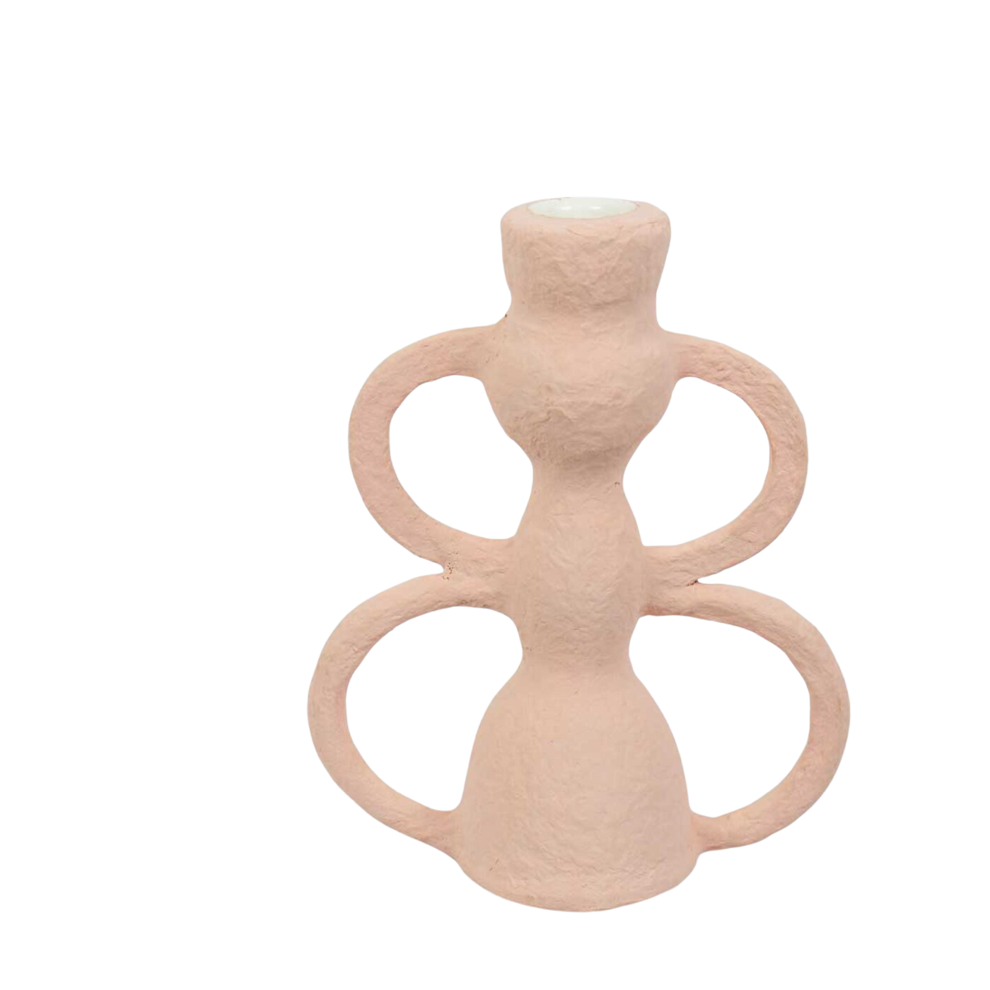 A pink ceramic vase with abstract design and circular handles pairs beautifully with the handmade Candle Holder Papier in pink by A World of Craft, both set against a plain white background.