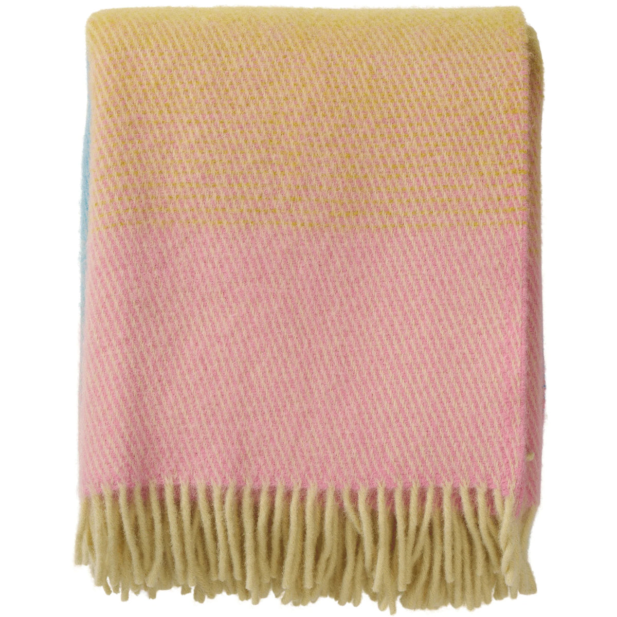 The Aurora Lambswool Throw, Pastel Dream by Klippan Yllefabrik is a folded wool blanket with a fringe, showcasing a yellow and pink gradient pattern inspired by the northern lights.