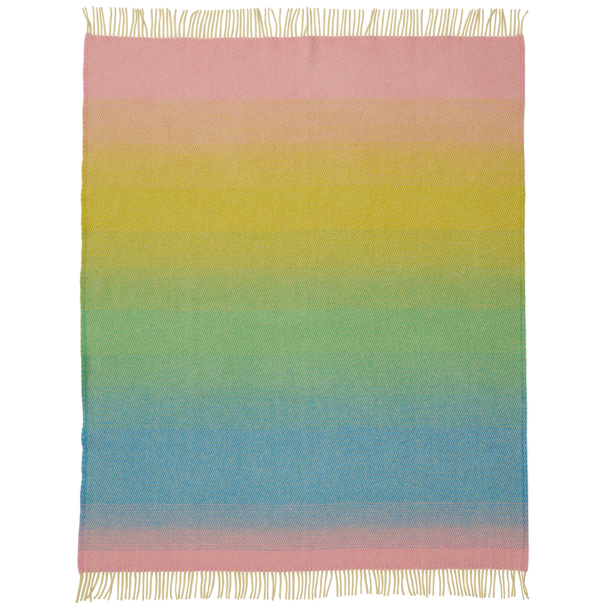 Introducing the Aurora Lambswool Throw, Pastel Dream by Klippan Yllefabrik—a square woven blanket with fringe on two sides, adorned with horizontal pastel stripes that seamlessly blend from pink at the top to yellow, green, and blue at the bottom. Inspired by the ethereal beauty of northern lights, this luxuriously soft lambswool throw infuses any space with Maxjenny Aurora charm.