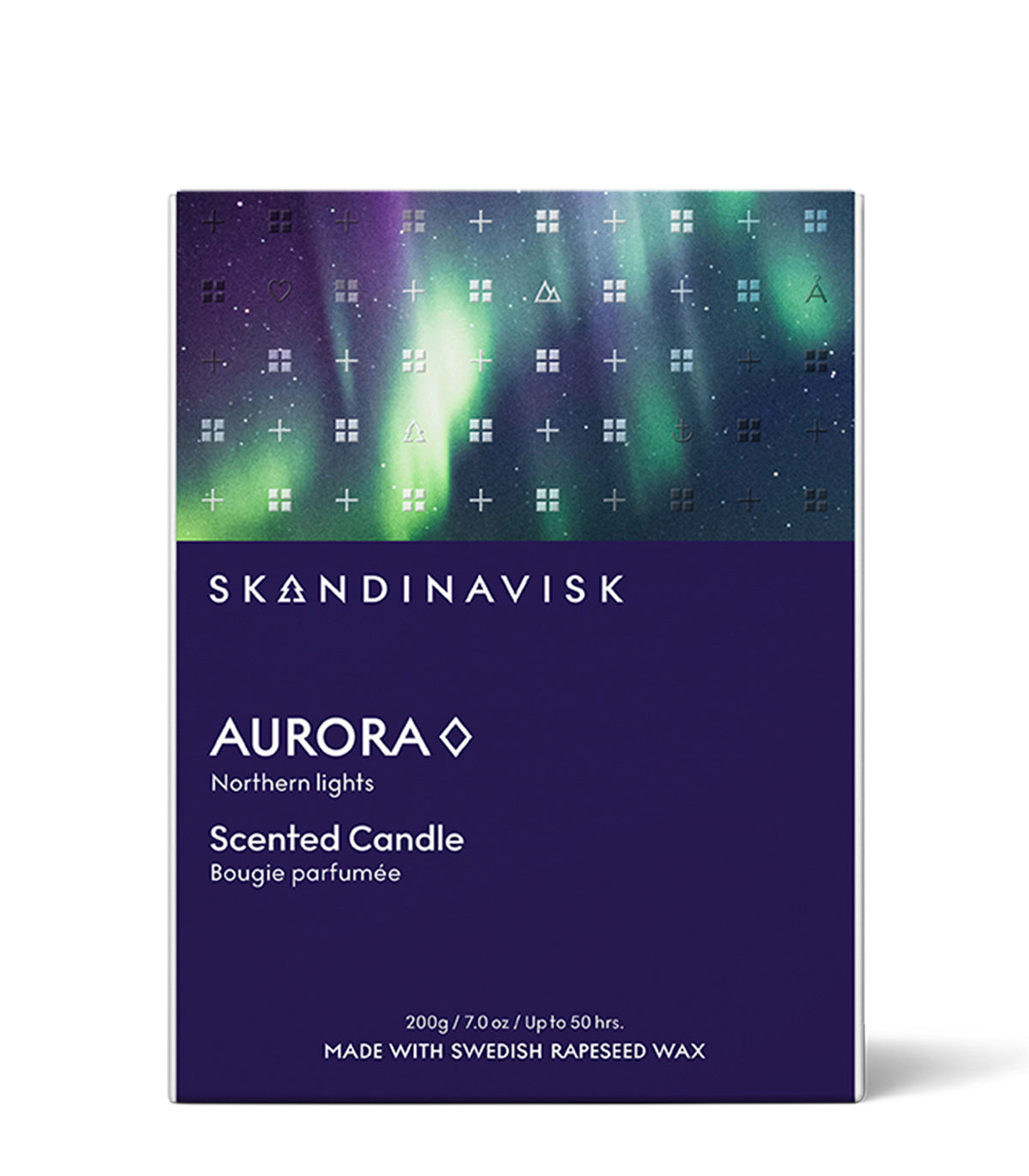 Box of Skandinavisk Seasonal Scented Candle Aurora, 200 g, featuring a purple and green northern lights design on top with product details below. Made with Swedish rapeseed wax and infused with the calming scents of sandalwood and juniper berries.