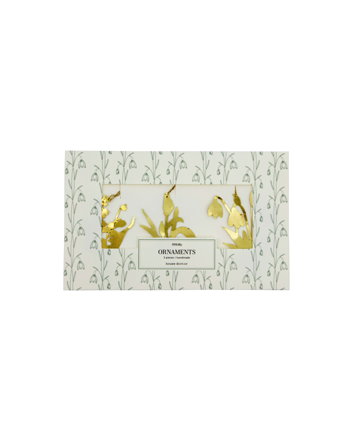 A rectangular box with a floral pattern holds the House Doctor Easter ornaments set: 3 handcrafted brass Lilly Flowers. Featuring a clear window and an ORNAMENTS label, it’s perfect for adding elegant festive décor to your space.