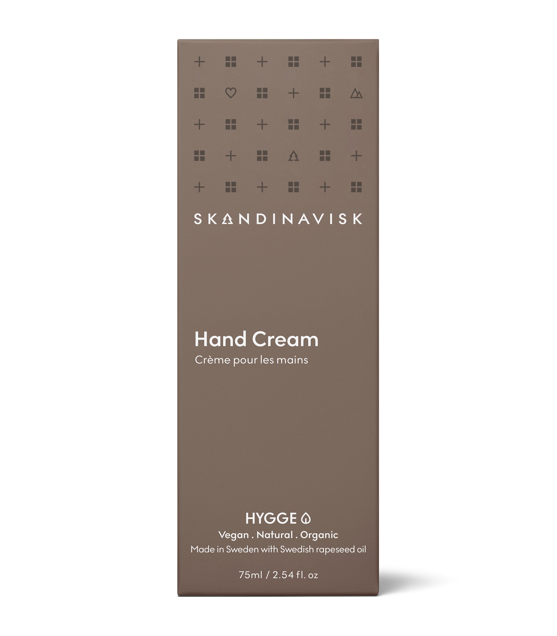 Skandinavisk Hand Cream Hygge (75 ml) comes in a brown box with minimalist symbols and white text, highlighting its status as a luxurious vegan moisturiser. Labeled natural and organic, this hand cream is made in Sweden with Swedish rapeseed oil and organic aloe vera.