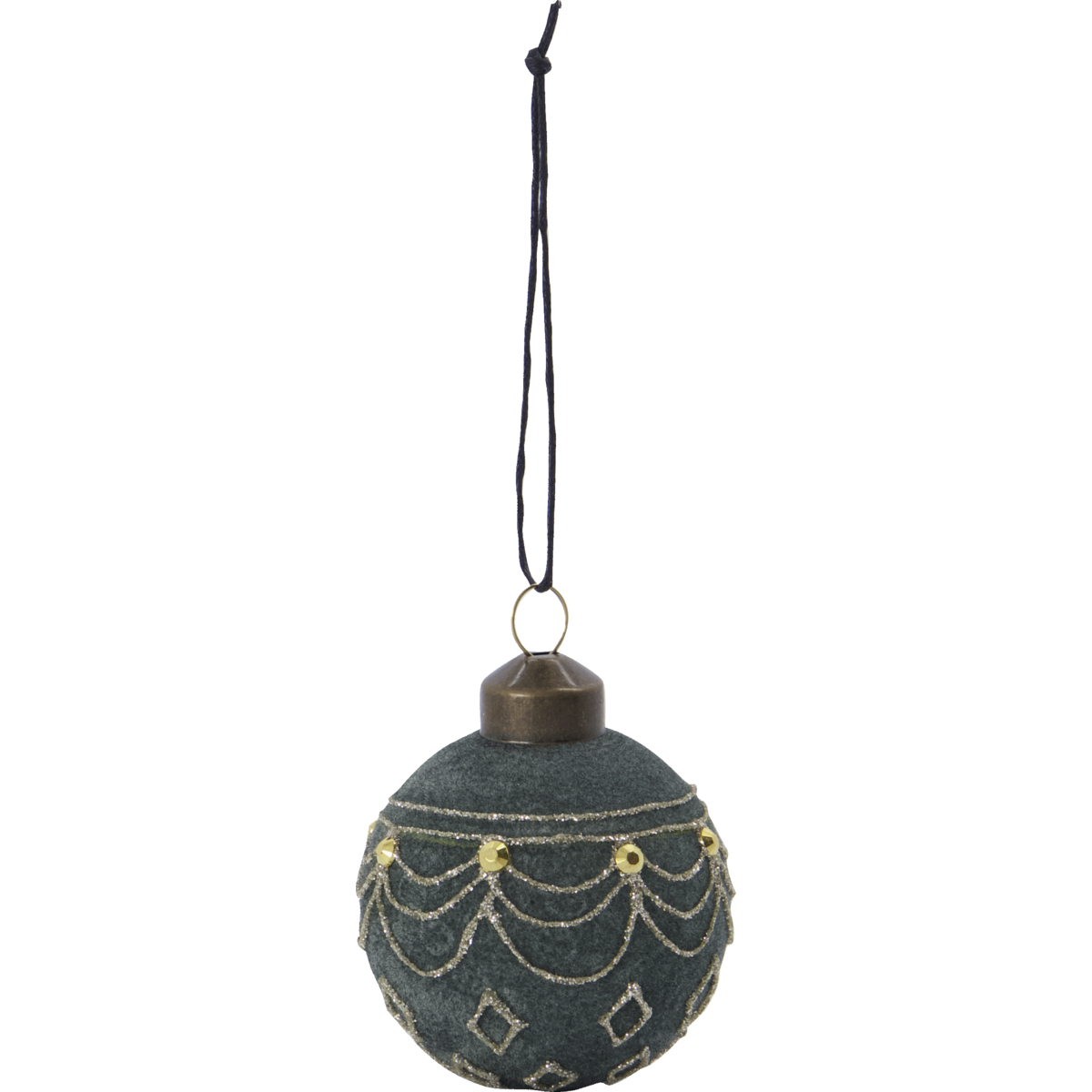 The Christmas Ornament Bauble, Velour Dusty Green by House Doctor features dark green velour with gold patterns and sequins, and hangs elegantly from a black string.