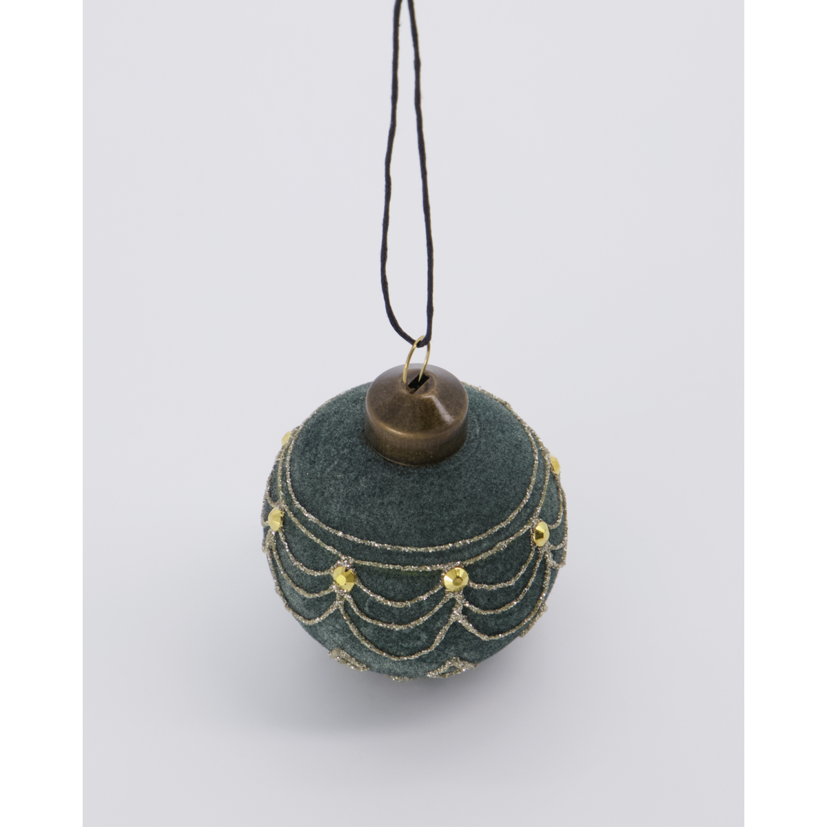 The Christmas Ornament Bauble, Velour Dusty Green by House Doctor features gold beaded garland details, a brown top, and hangs from a black string against a plain background.