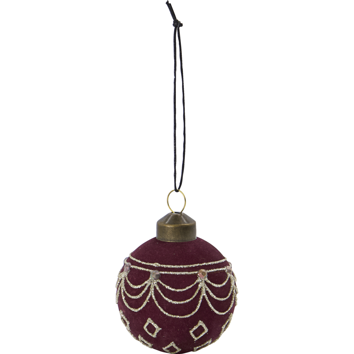 The House Doctor Christmas Ornament Bauble in velour red/brown features gold decorative patterns and a black hanging string, shown isolated on a white background.