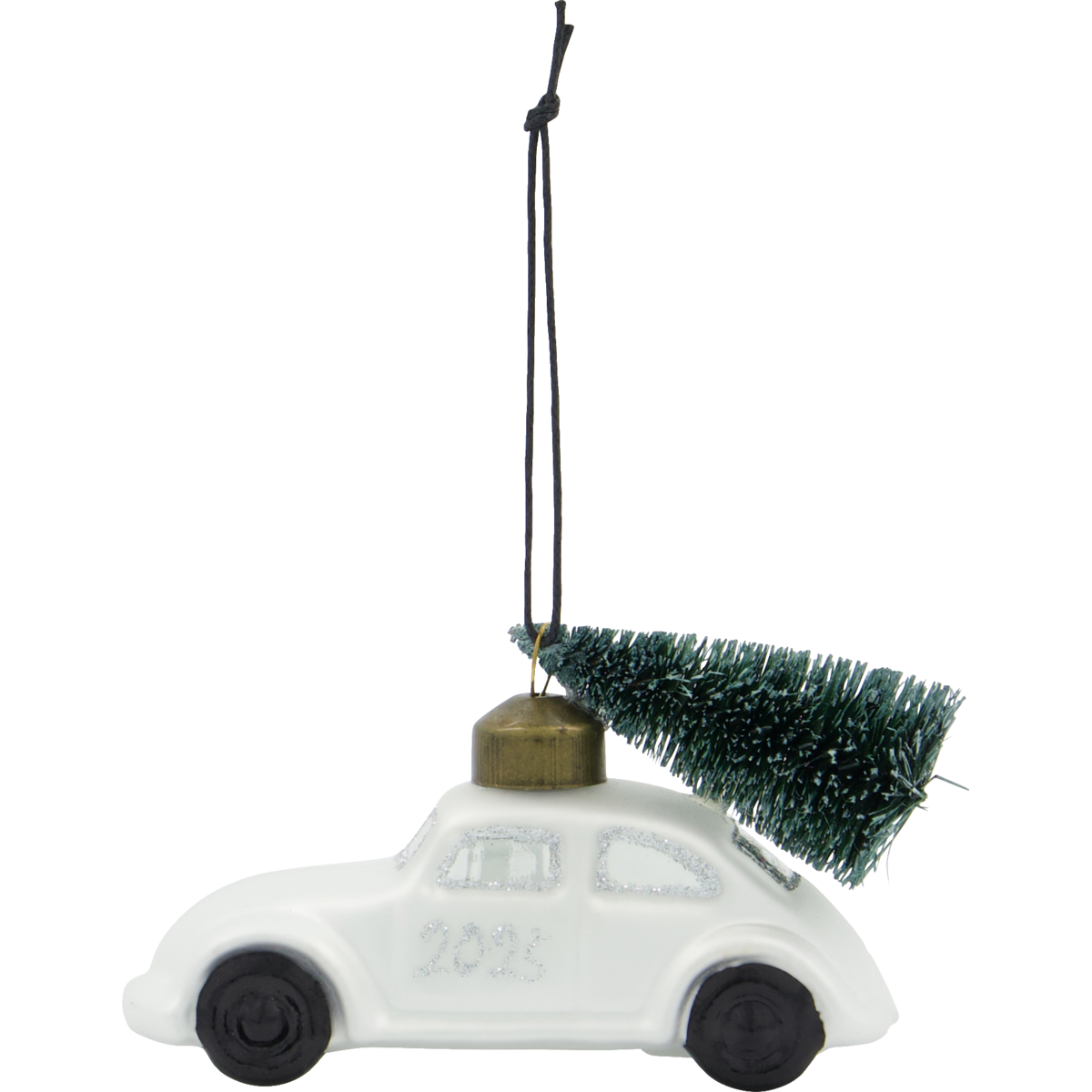 The House Doctor Ornament Car Bauble w. Tree 2025 in white & silver is a mouth-blown glass car-shaped Christmas ornament with "2025" on the side, a miniature green tree on top, and hangs by a black string.
