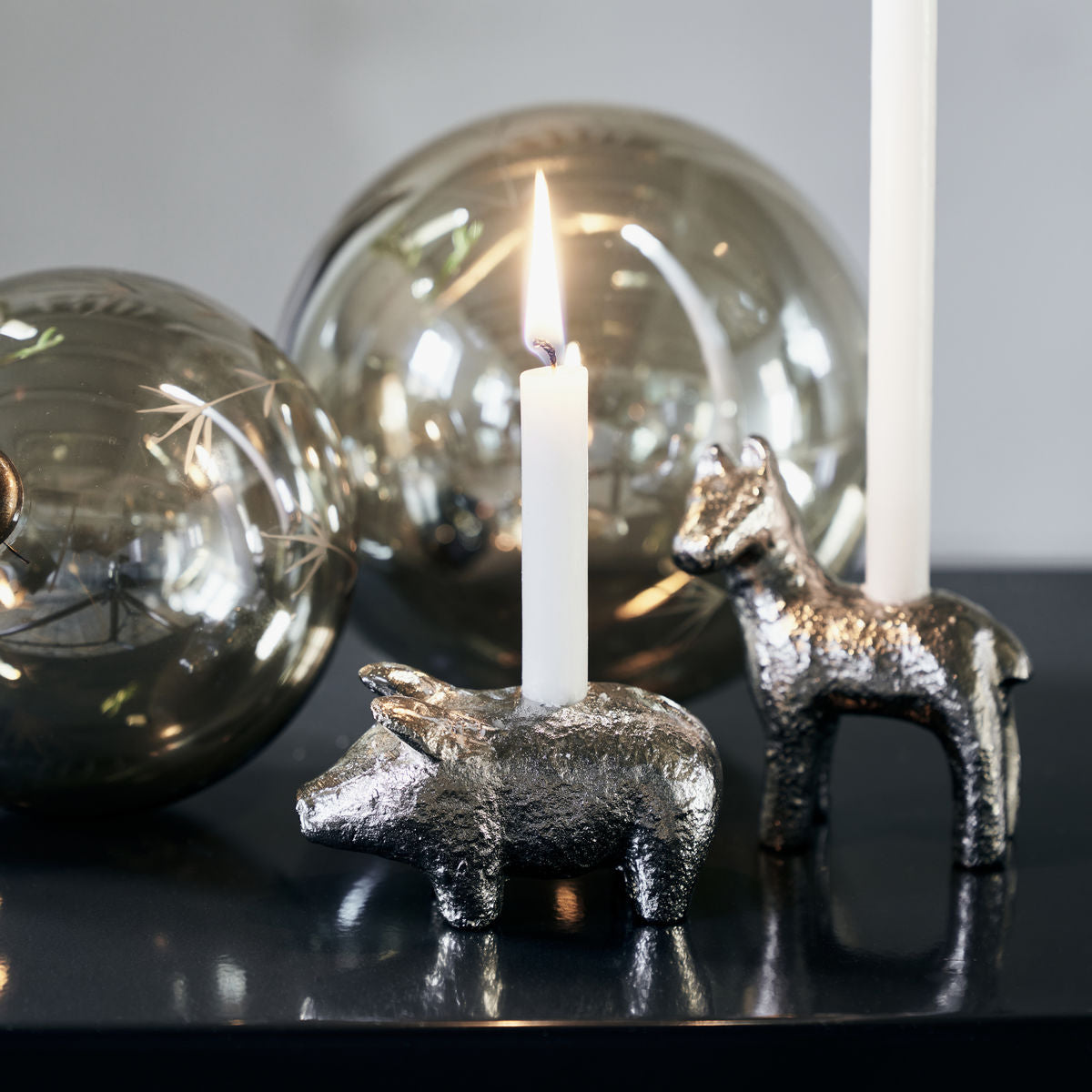 Candle Holder Pig in Antique Silver