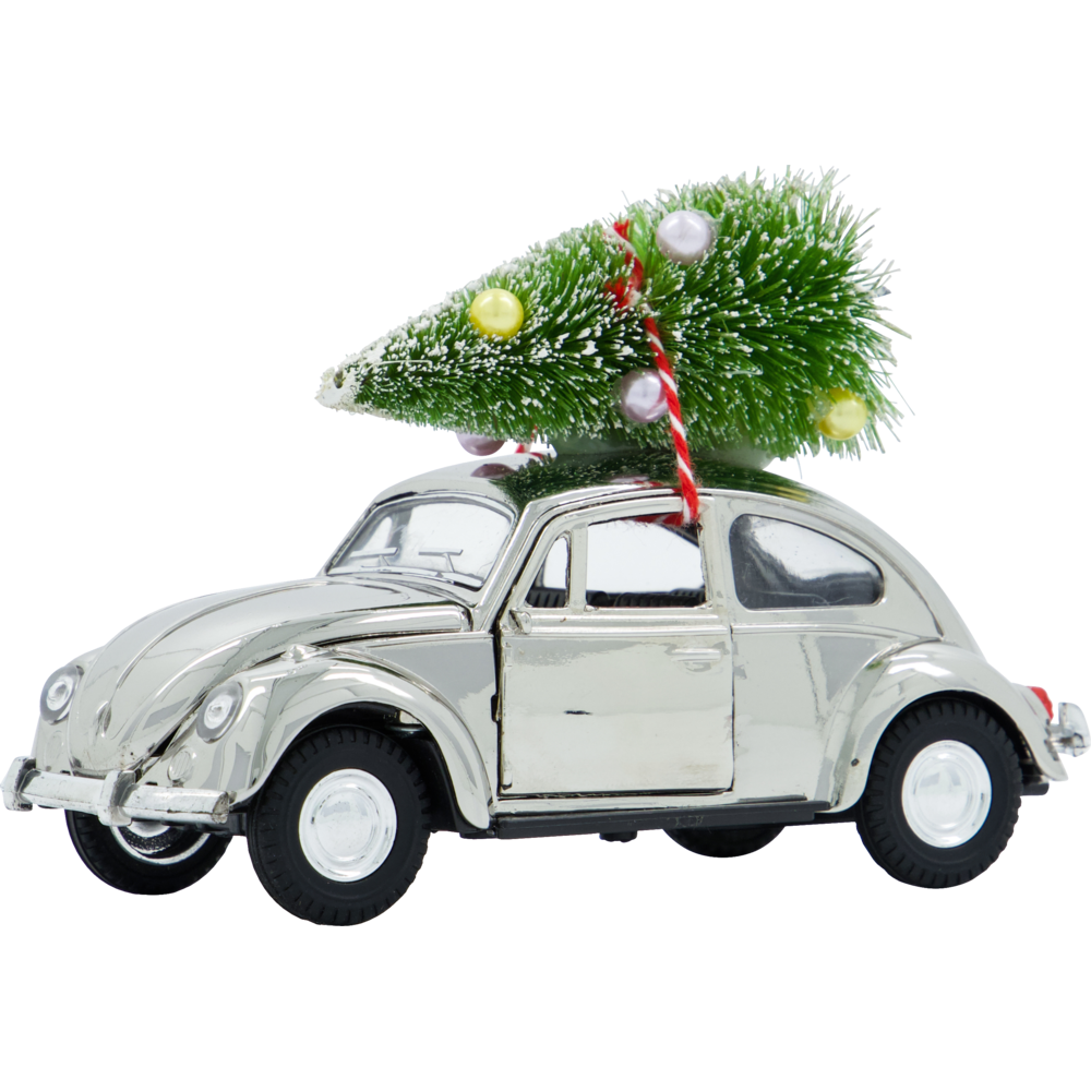 A silver House Doctor Ornament Xmas Car Christmas Decoration with a small, decorated tree tied to its roof.