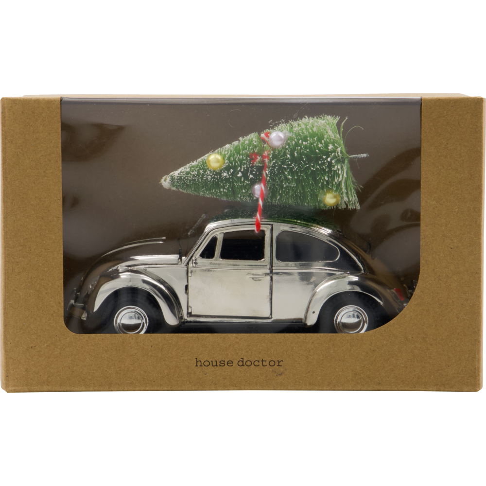 A silver Ornament Xmas Car Christmas Decoration with a small Christmas tree tied to its roof, displayed inside a brown cardboard box with a plastic window.