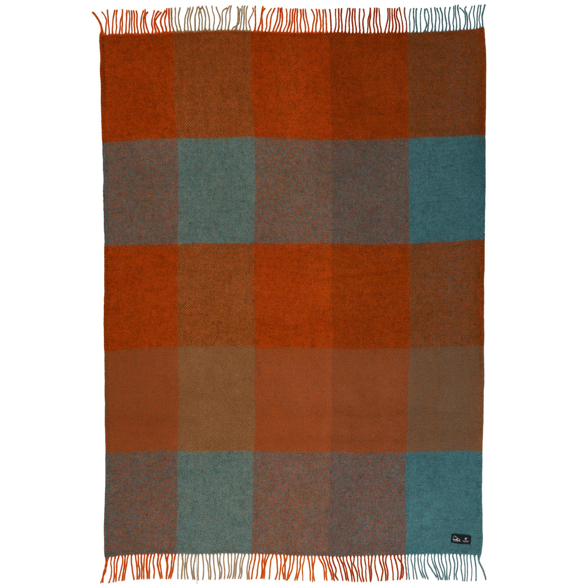 The Klippan Yllefabrik Gotland Brushed Gotland & Lambswool Throw in Check Orange is a Swedish wool blanket featuring a large checkered pattern in teal, orange, and brown squares, finished with fringe along the top and bottom edges.