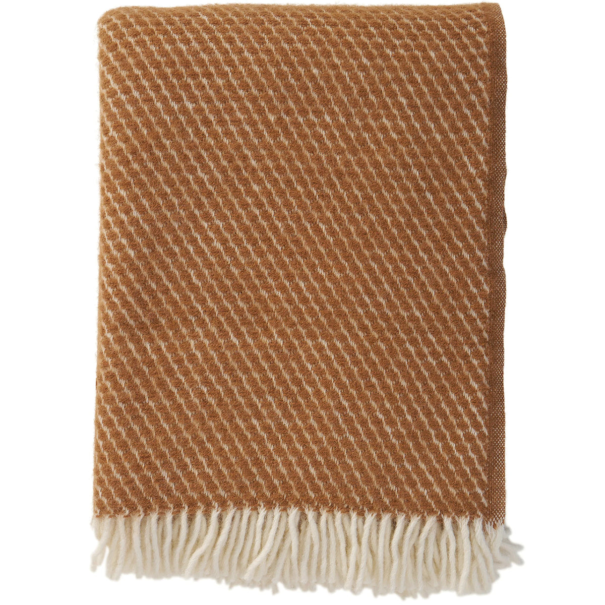 A folded Velvet Mocha Mousse Brushed Lambswool Throw by Klippan Yllefabrik, featuring a brown and white herringbone pattern with white fringe along the bottom edge, is shown against a white background.