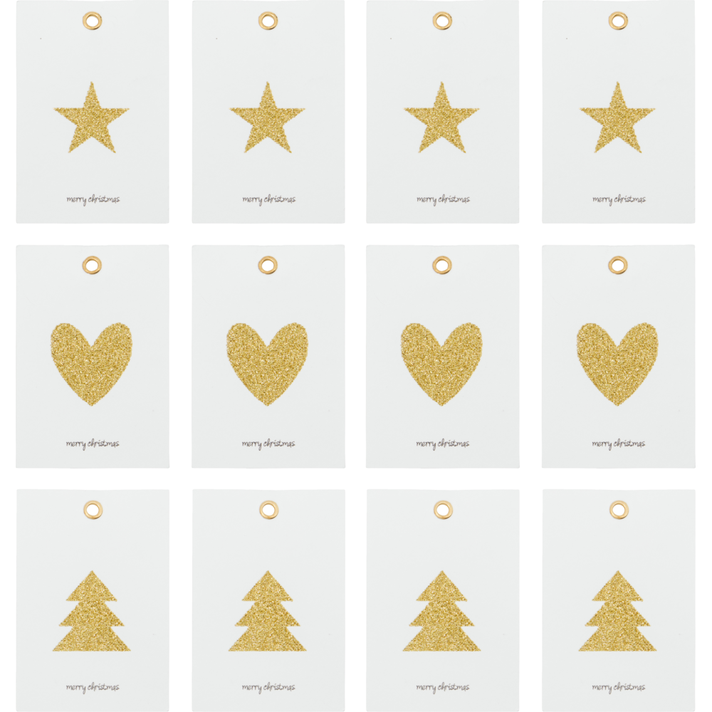 Holiday Gift Tags in Gold, Set of 12: twelve white festive gift tags with gold eyelets and merry christmas text, featuring four gold stars, four gold hearts, and four gold pine trees, all accented with gold glitter.