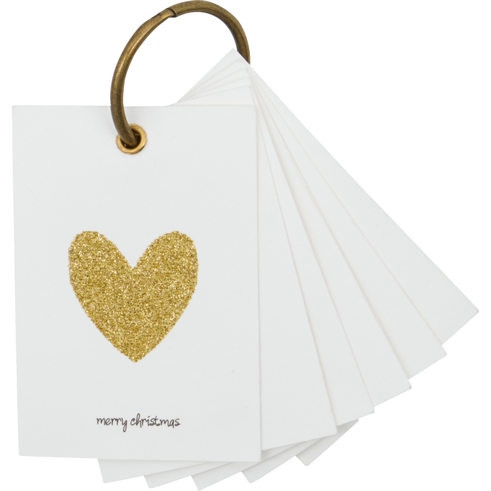 A set of white Holiday Gift Tags in Gold by House Doctor on a metal ring, each featuring a gold glitter heart and the text merry christmas at the bottom.