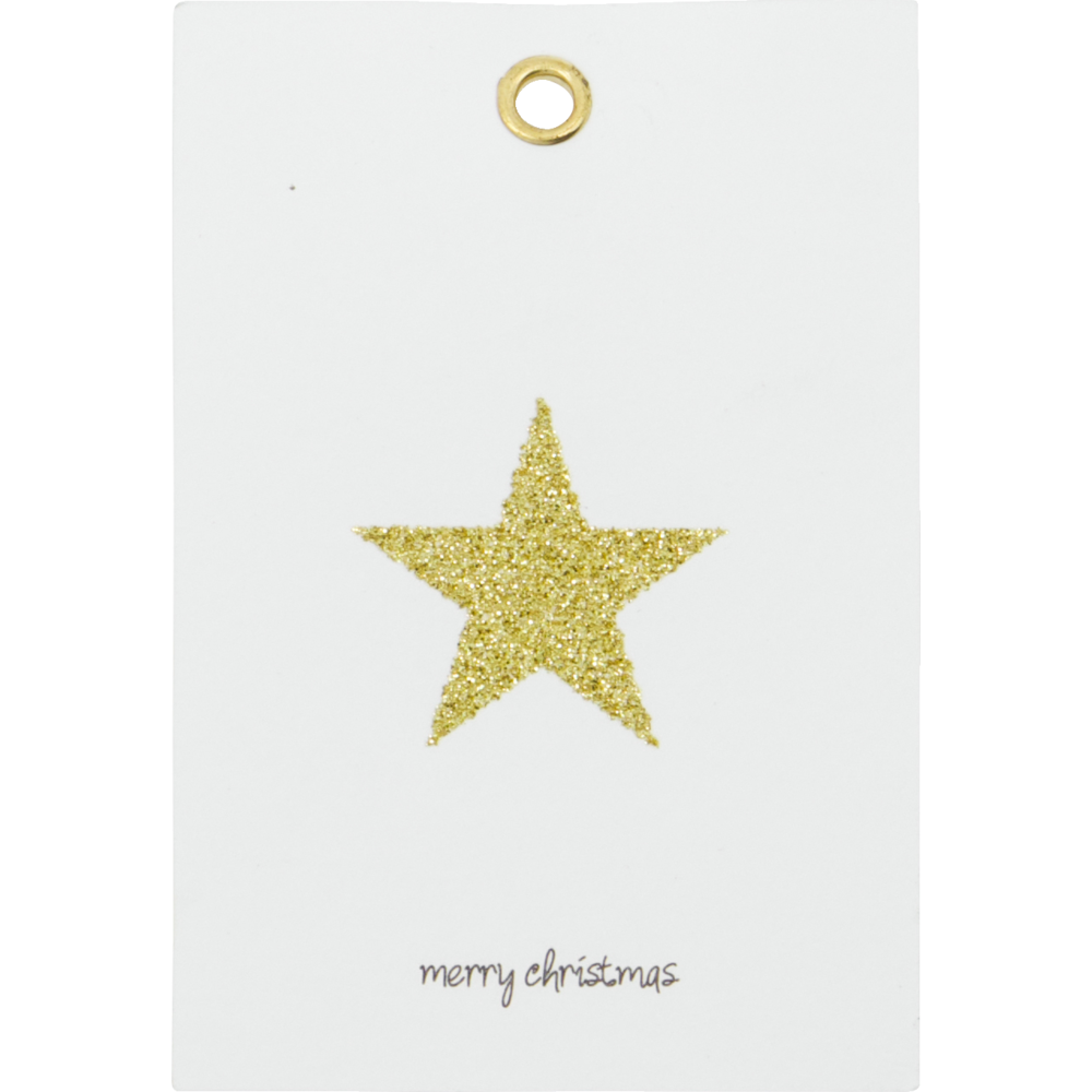 House Doctor Holiday Gift Tags in Gold: a white rectangular tag with a gold glitter star in the center, a gold eyelet at the top, and Merry Christmas written in script at the bottom.