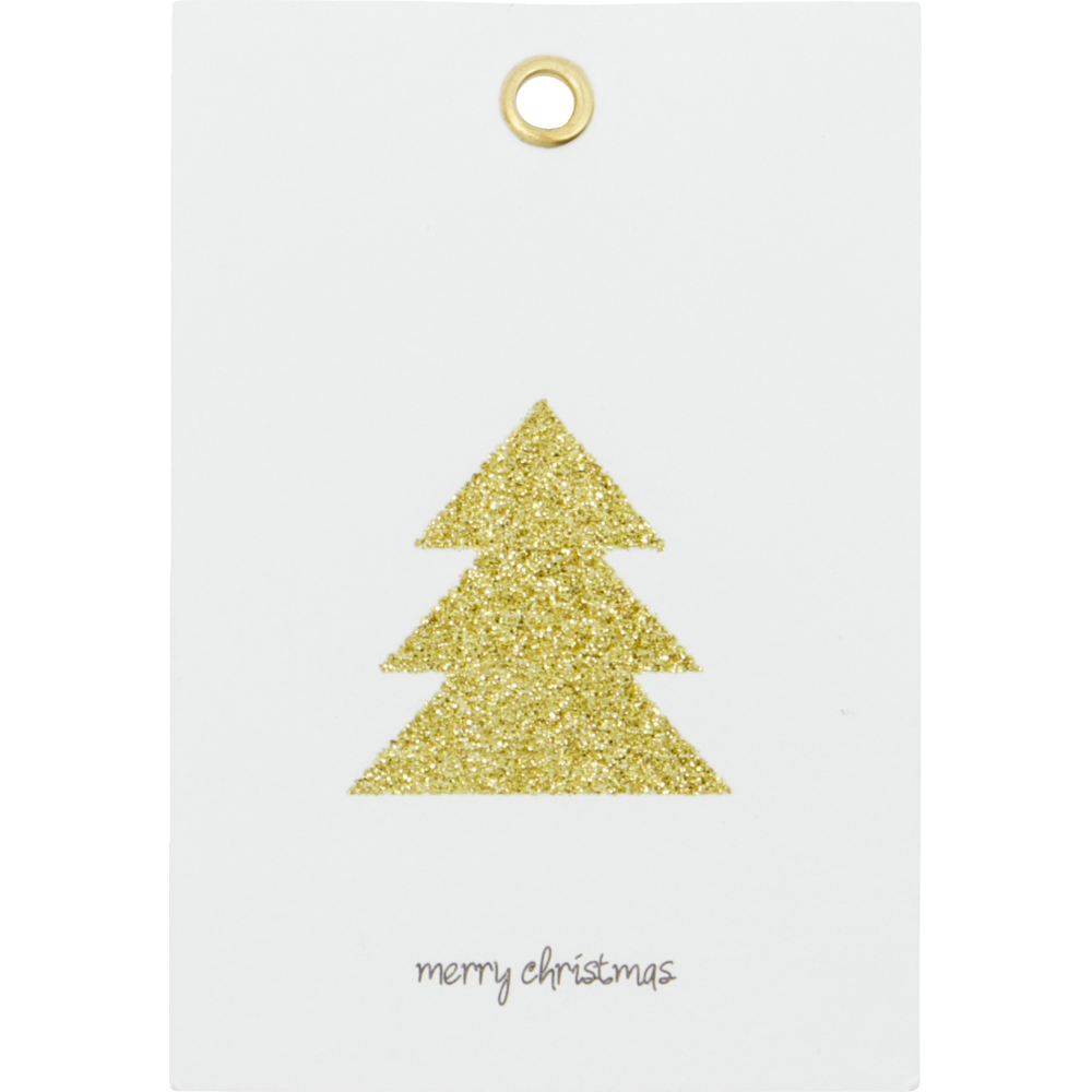 Rectangular Holiday Gift Tags in Gold feature a gold eyelet, a glittery gold Christmas tree, and the text merry christmas in black script.