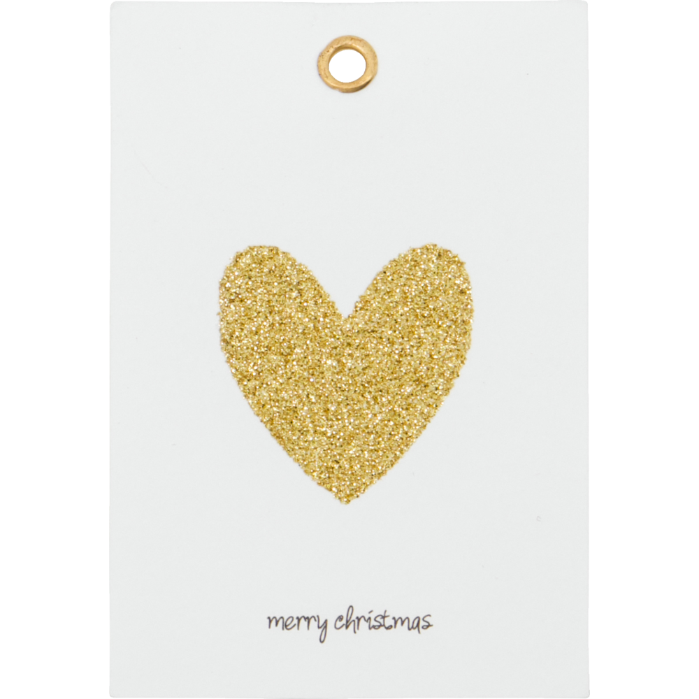 Holiday Gift Tags in Gold, Set of 12: a white rectangular gift tag featuring a center gold glitter heart and merry christmas printed in black at the bottom.