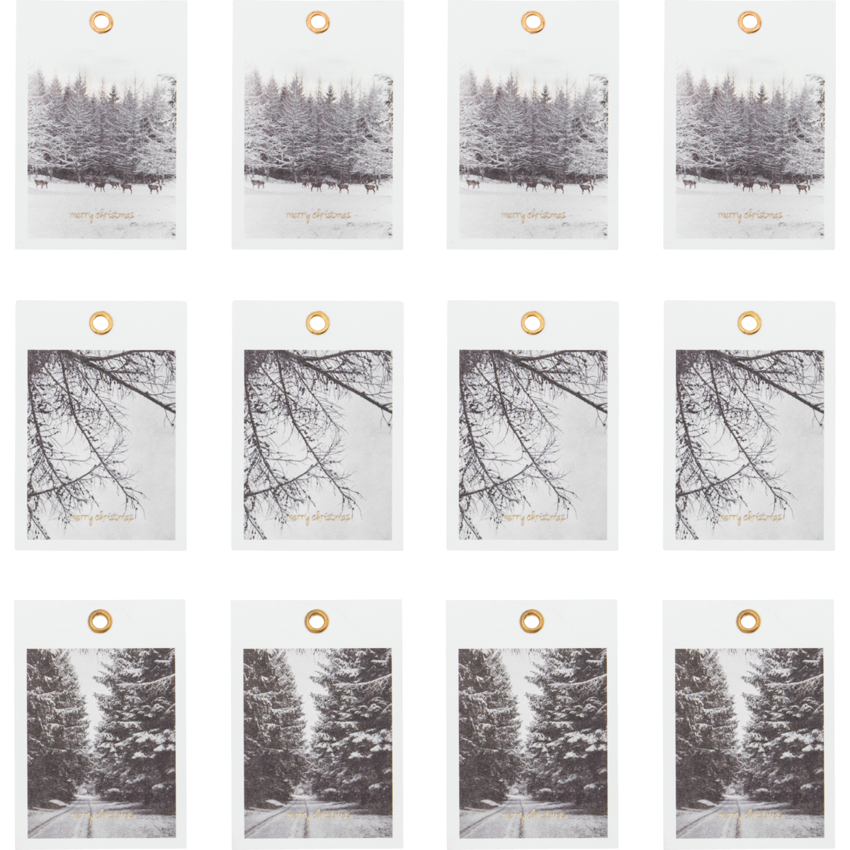 The House Doctor Winter Gift Tags, Set of 12, display black-and-white winter tree scenes in a grid design, each with a gold ring at the top.