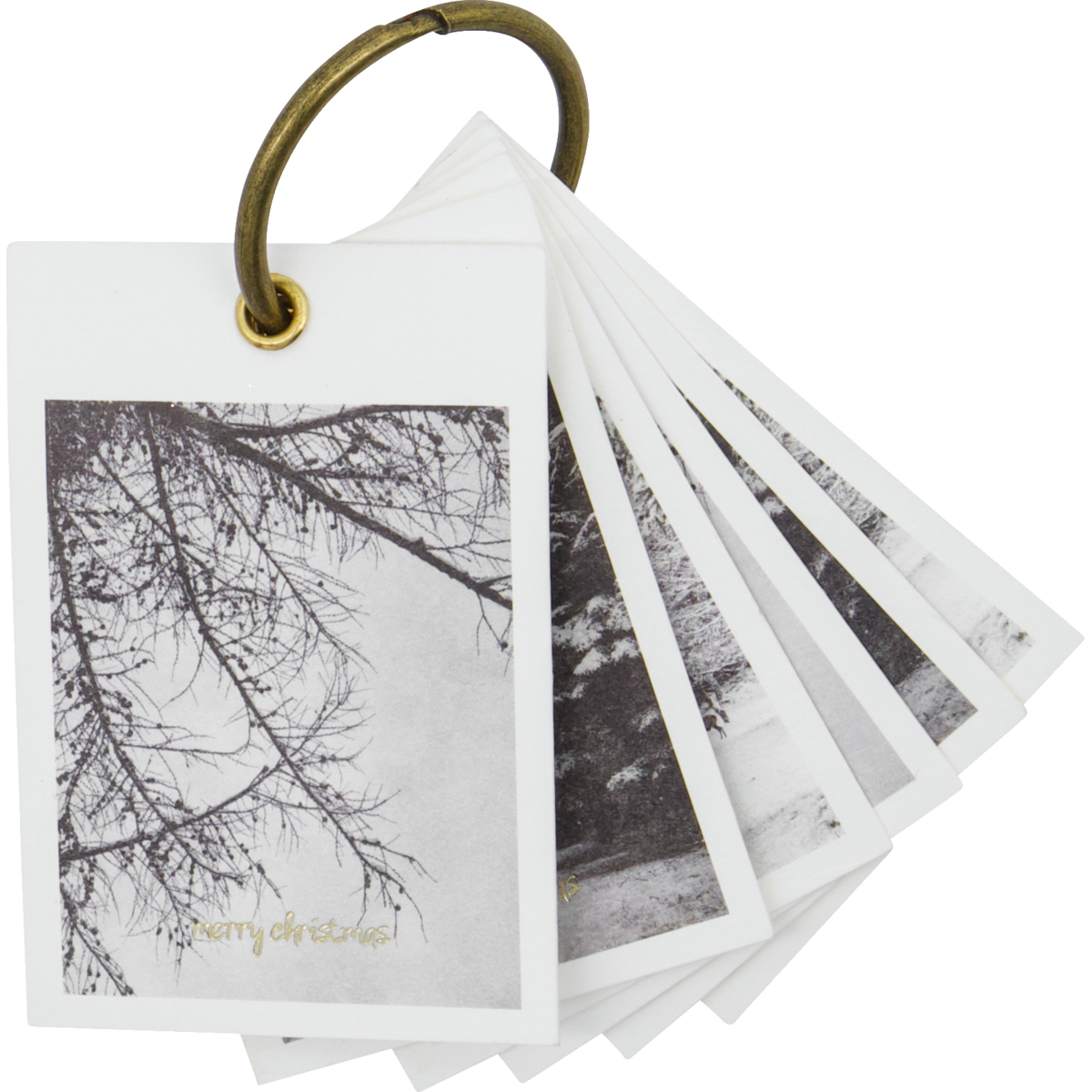 House Doctor Winter Gift Tags, Set of 12: small white tags featuring black and white nature photos, held by a metal ring, with "merry christmas" on the front card—perfect for festive gifting.