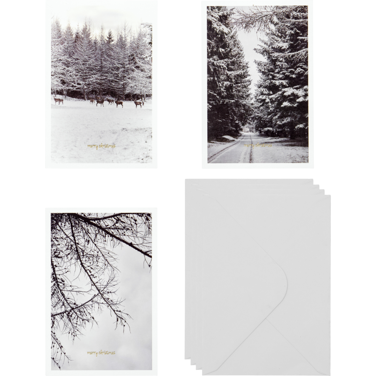 The House Doctor Greeting Cards, Winter, Set of 6 features elegant black and white tree and snow scenes with matching white envelopes—ideal for sending festive messages to loved ones.
