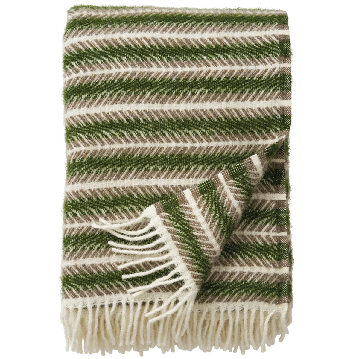 The Oscar Multi Green Lambswool Throw by Klippan Yllefabrik showcases green, beige, and white herringbone stripes with a white fringe along the edge, and is crafted from eco lamb’s wool.