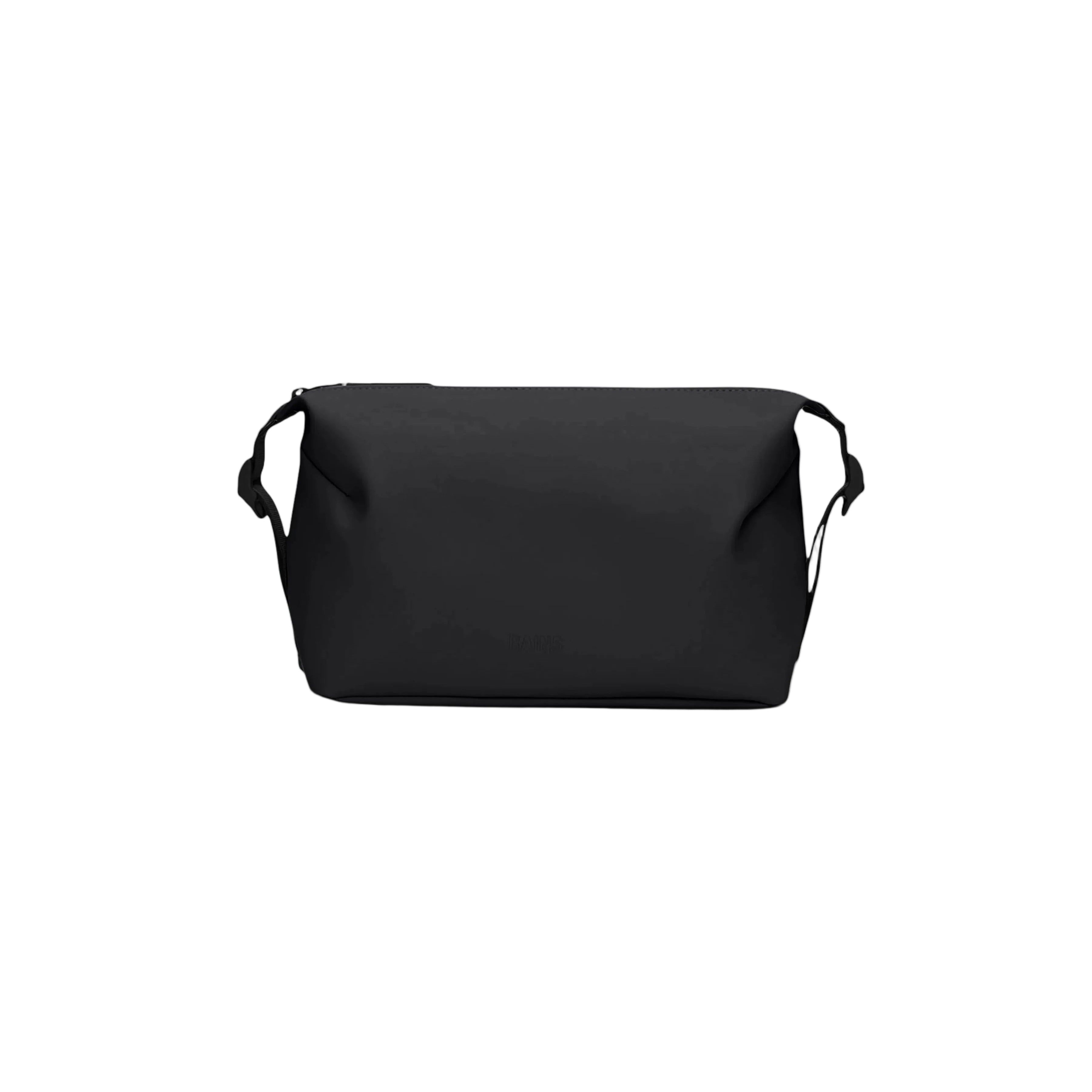 The Rains Hilo Wash Bag W3 in Black by Rains is shown against a white background, featuring a sleek black design with a top zipper and handles on both sides.