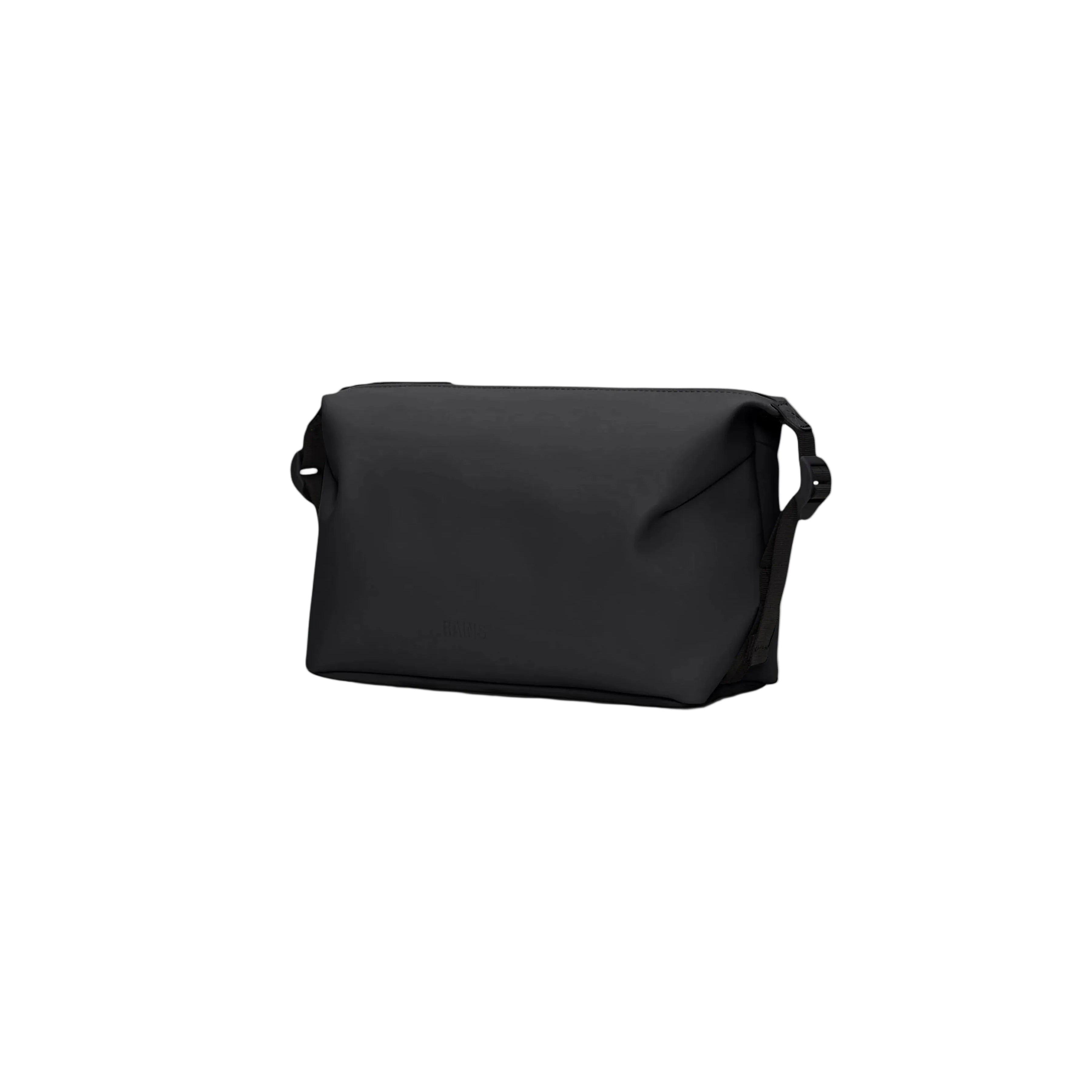 The Rains Hilo Wash Bag W3 in Black by Rains is a rectangular travel wash bag featuring a smooth surface, two side loops, and a top zipper, photographed against a plain white background.