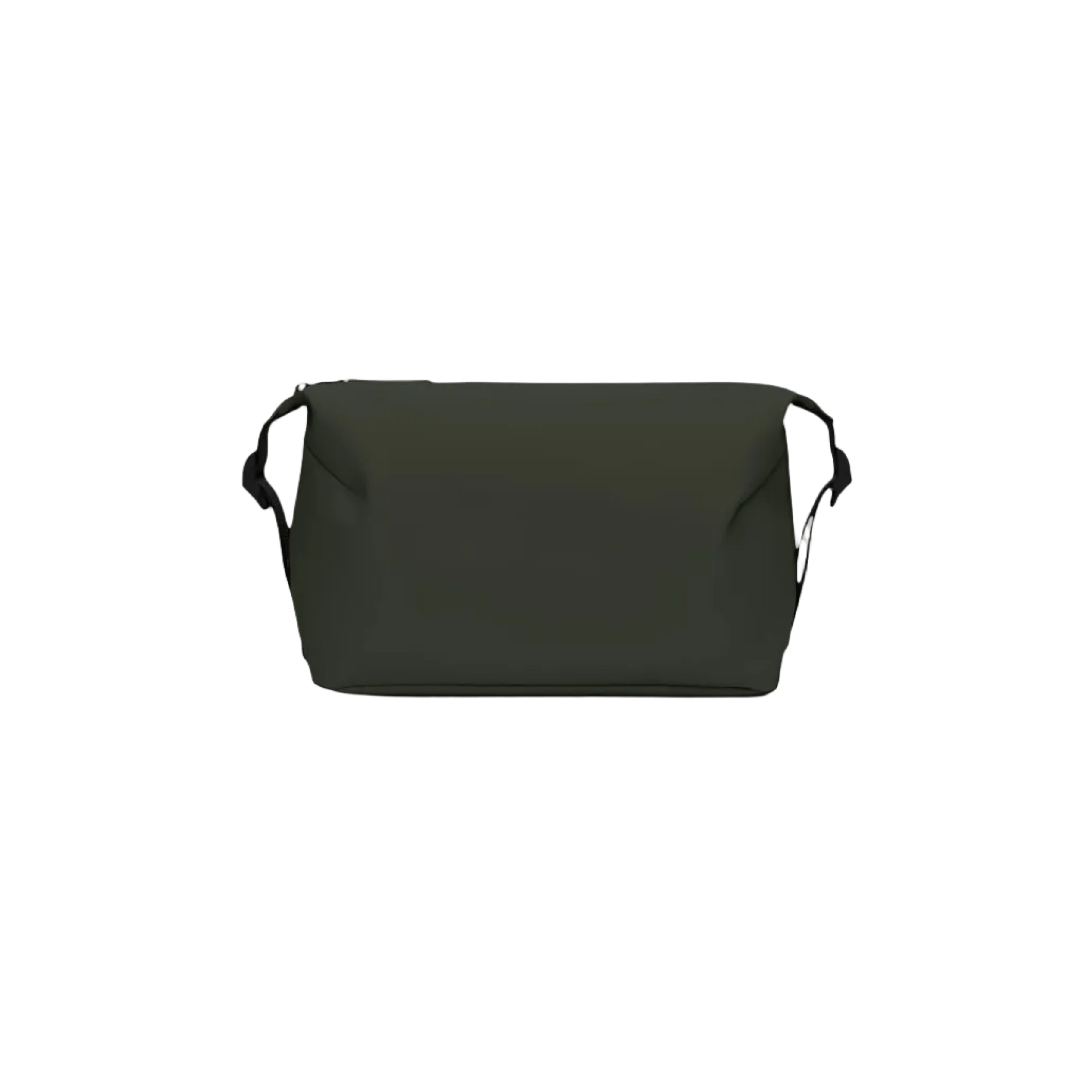 The Rains Hilo Wash Bag W3 in Green by Rains is a sleek, dark green rectangular shoulder bag featuring black adjustable straps, photographed against a plain white background—ideal for organizing your essentials and perfect as a travel wash bag.