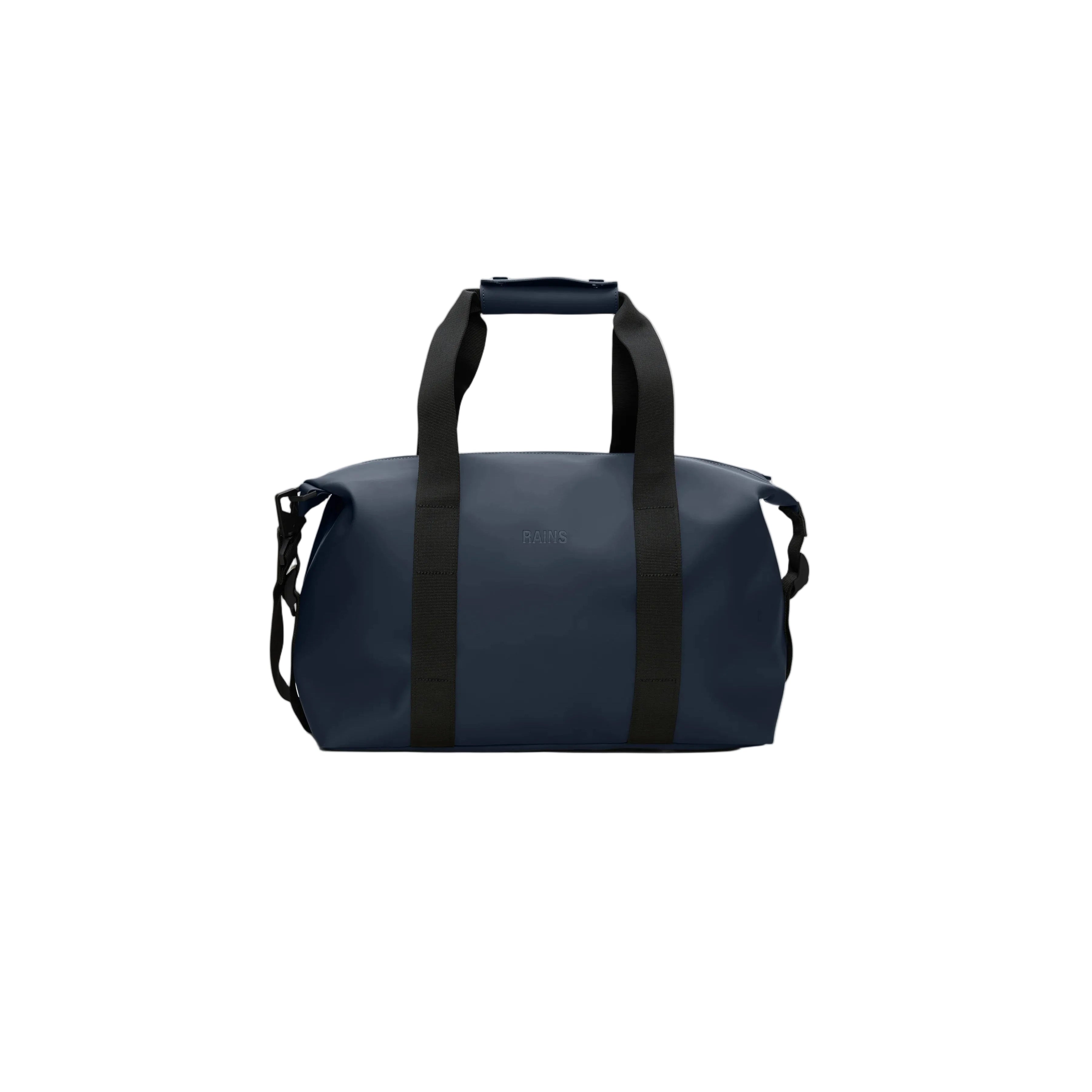 A Rains Hilo Weekend Bag Small in Navy, featuring black handles and a shoulder strap, is displayed against a white background. This compact travel bag from Rains is both stylish and convenient, making it an ideal waterproof overnight bag for any getaway.