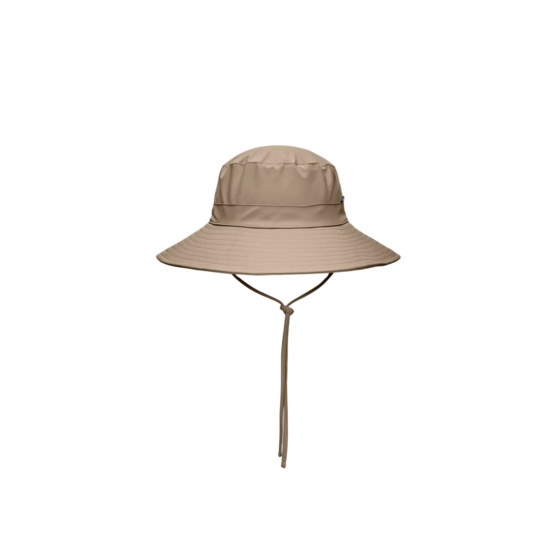 The Rains Boonie Hat in Beige by Rains is crafted from durable PU fabric and features a wide brim with an adjustable chin strap, shown against a white background—perfect for versatile rainwear.