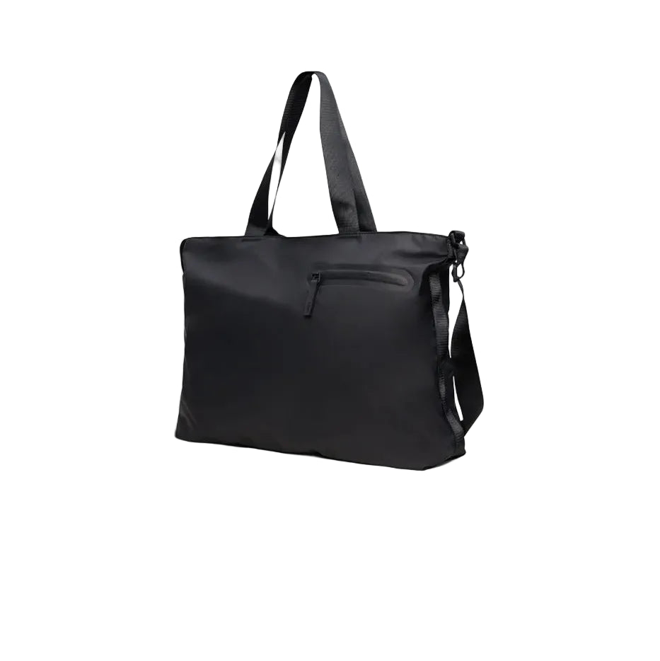 The Rains Dash Messenger Tote Bag in Black by Rains is displayed against a plain white background, featuring two handles, a detachable shoulder strap, and a front zippered pocket—an ideal everyday hybrid bag that seamlessly blends style with functionality.