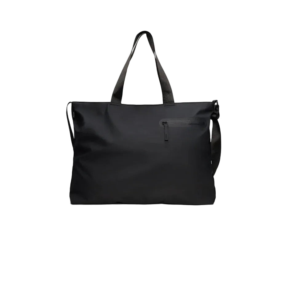 The Rains Dash Messenger Tote Bag in Black by Rains features two short handles, a long adjustable shoulder strap, and a zippered front pocket—making it the perfect everyday hybrid bag—shown against a white background.
