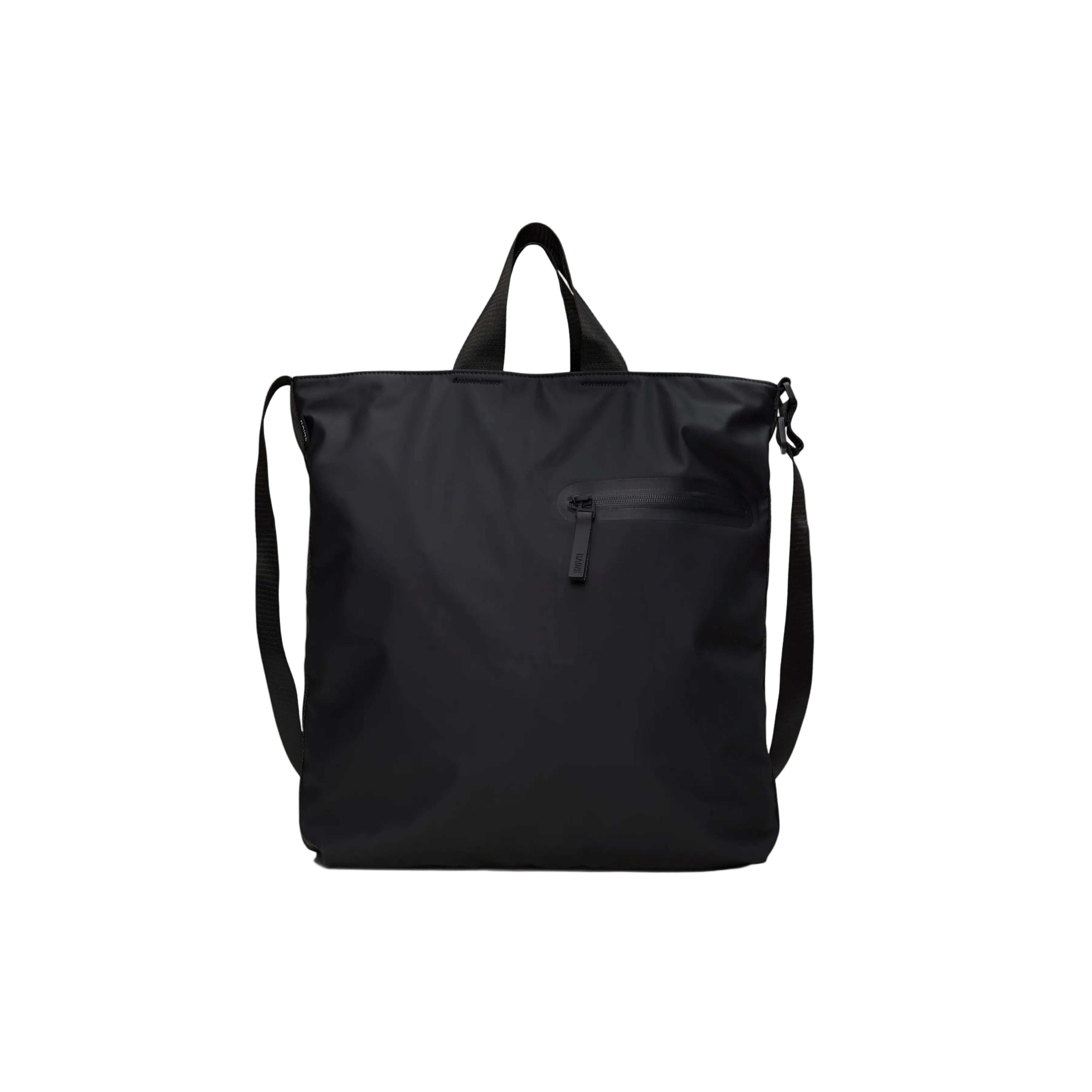 The Rains Dash Tote Bag in Black by Rains is an everyday carryall featuring a top handle, an adjustable and detachable shoulder strap, and a small zippered pocket on the front, displayed against a white background.