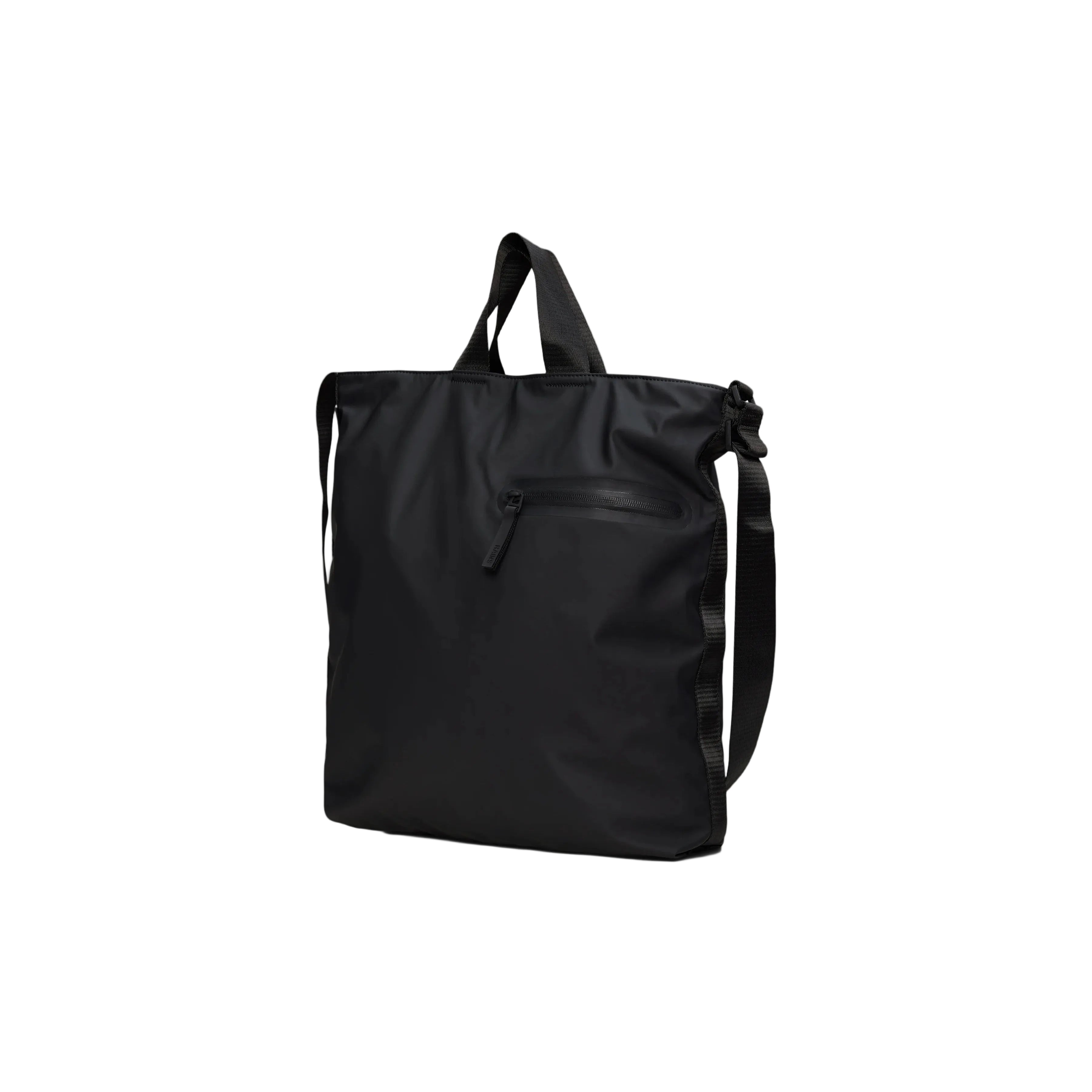 The Rains Dash Tote Bag in Black by Rains is a waterproof tote featuring a front zippered pocket, two short handles, and a long adjustable shoulder strap. Shown against a white background, it’s perfect as an everyday carryall.
