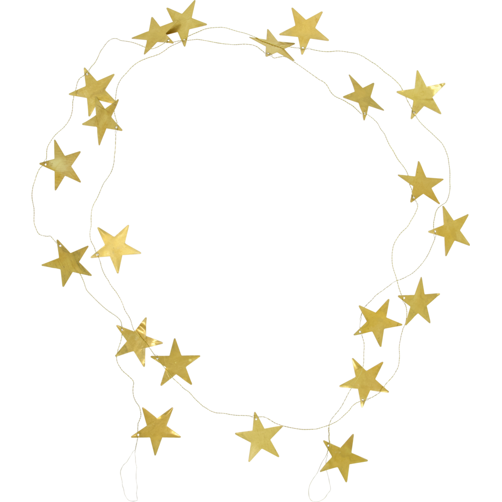 A circular Garland Stars in Antique Brass, 1.5 m arranged in a festive display of antique brass star ornaments.