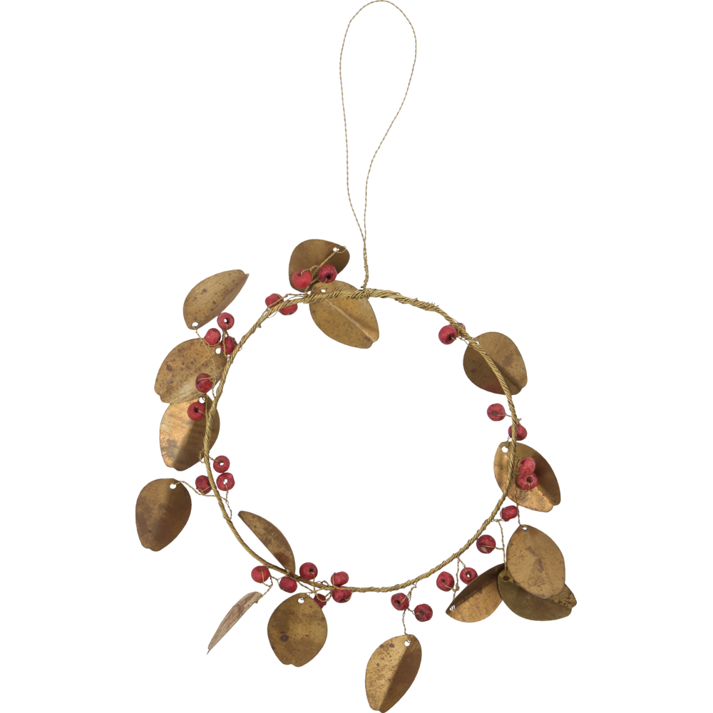 House Doctor Christmas Wreath Leafi Auric in Gold, 12 CM, featuring handmade gold-toned brass leaves and small red berries on a wire frame, suspended by a thin string.