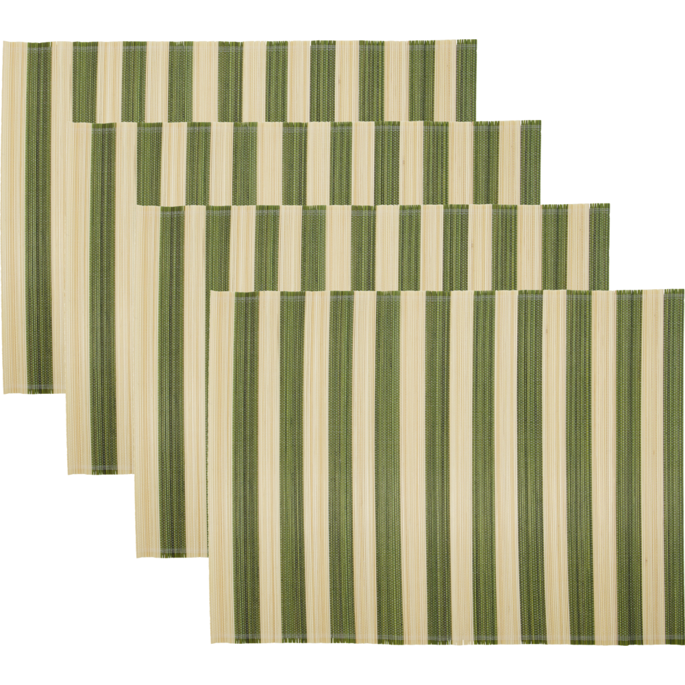 A set of four handmade House Doctor Rayas placemats, featuring green and natural beige vertical stripes, are arranged in a staggered stack against a white background.