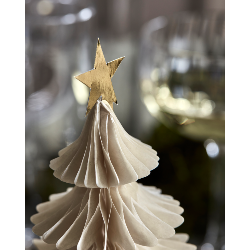 Ivory paper accordion-fold Christmas Tree Ornament, Set of 3 in Paper, Ivory & Gold topped with a gold star, perfect as festive holiday decor.