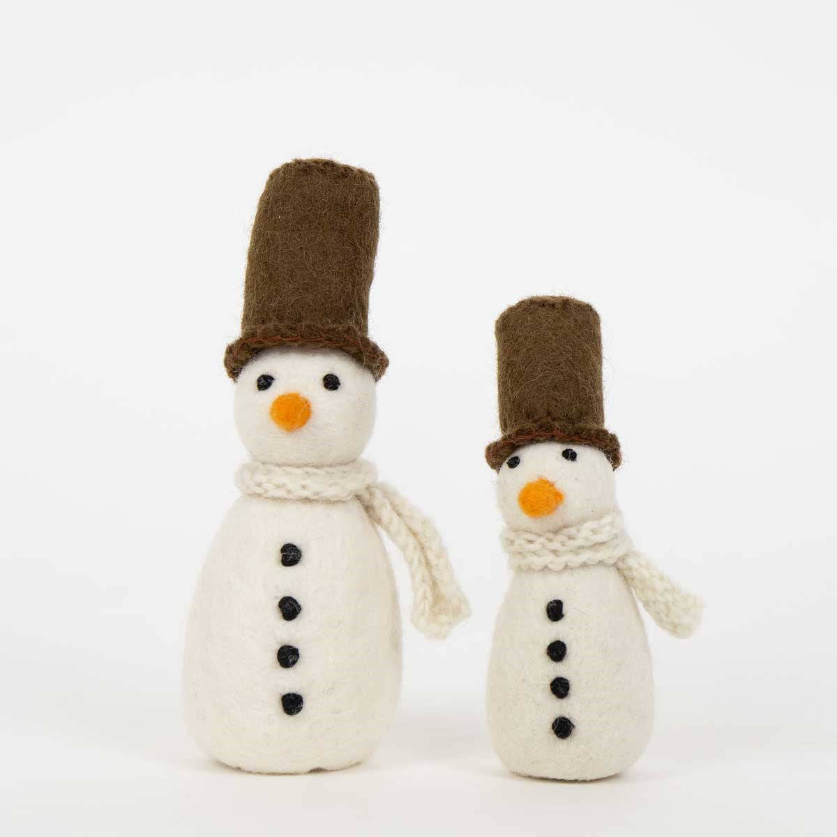 Snowman Family Christmas Ornaments set of 2, handmade in wool, featuring two felted snowmen ornaments in winter decor, each wearing a brown top hat and a white knit scarf.