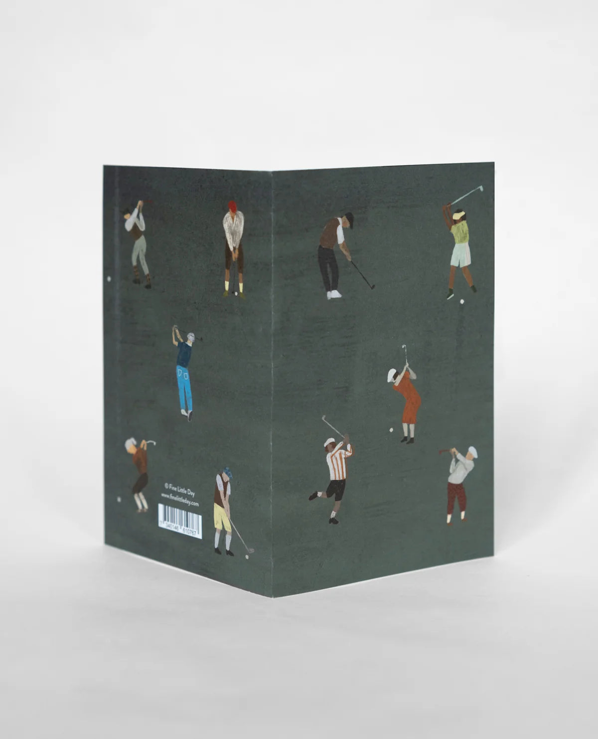 The Golf Card w. Envelope, A6 by Fine Little Day features a dark green folded card with original illustrations of figures playing golf on a plain background. Blank inside.