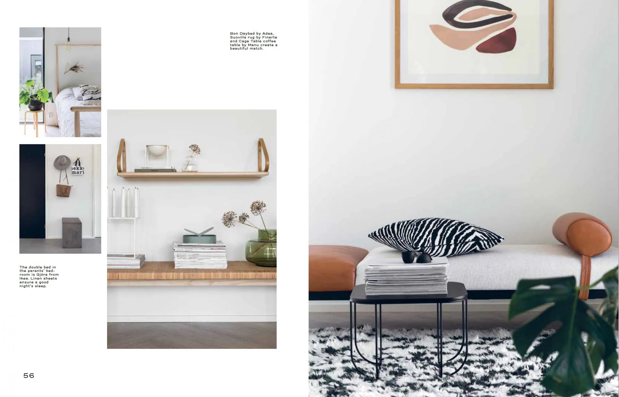 A modern Nordic-inspired living space features a white and tan bench, black-and-white pillow, sleek table with the "Nordic Interior Book" by Cozy Publishing, abstract wall art, shag rug, and shelves highlighting Finnish décor accents.