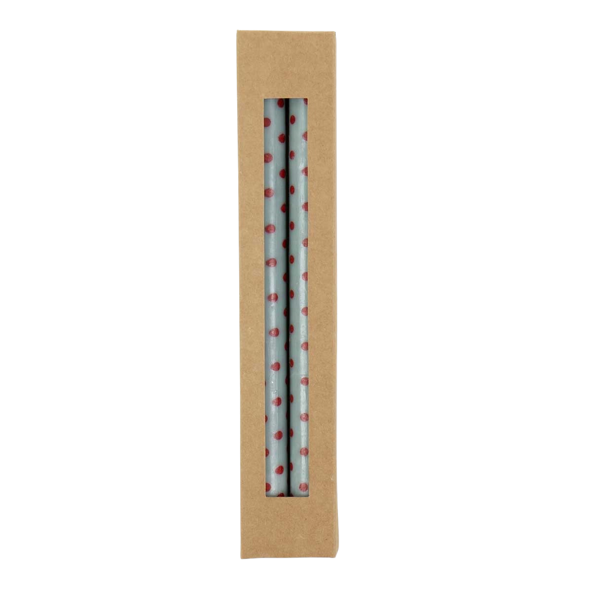 A World of Craft's Candles Minidot Lightblue & Red, Handmade 2 Pack come in a cardboard box with a clear window, showcasing their playful light blue and red dotted design—resembling colorful pencils.